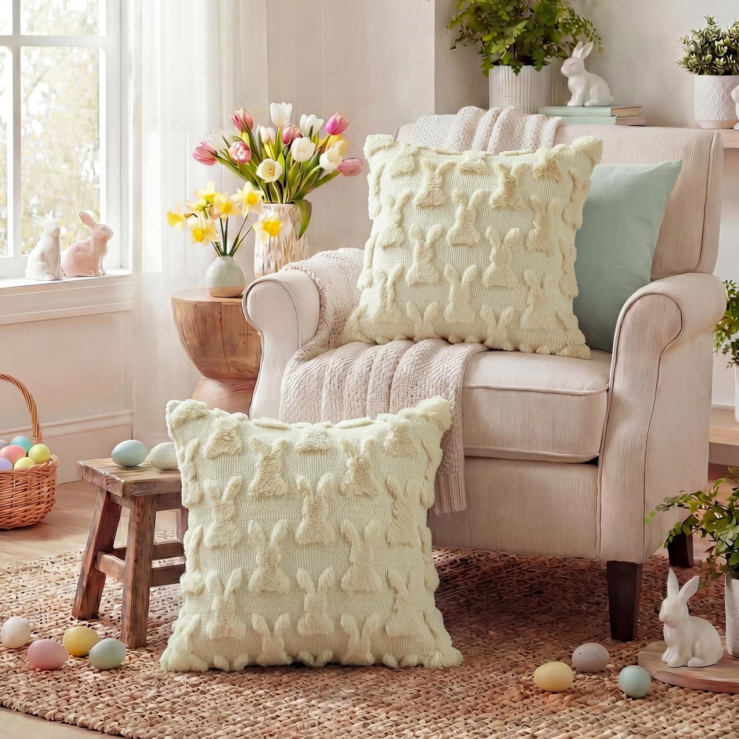 AVOIN colorlife Easter Rabbits Beige Throw Pillow Covers, 18 x 18 Inch Bunny Soft Plush Faux Fur Jacquard Cushion Case Decoration for Sofa Couch Set of 2 : Home &amp; Kitchen thumbnail 3
