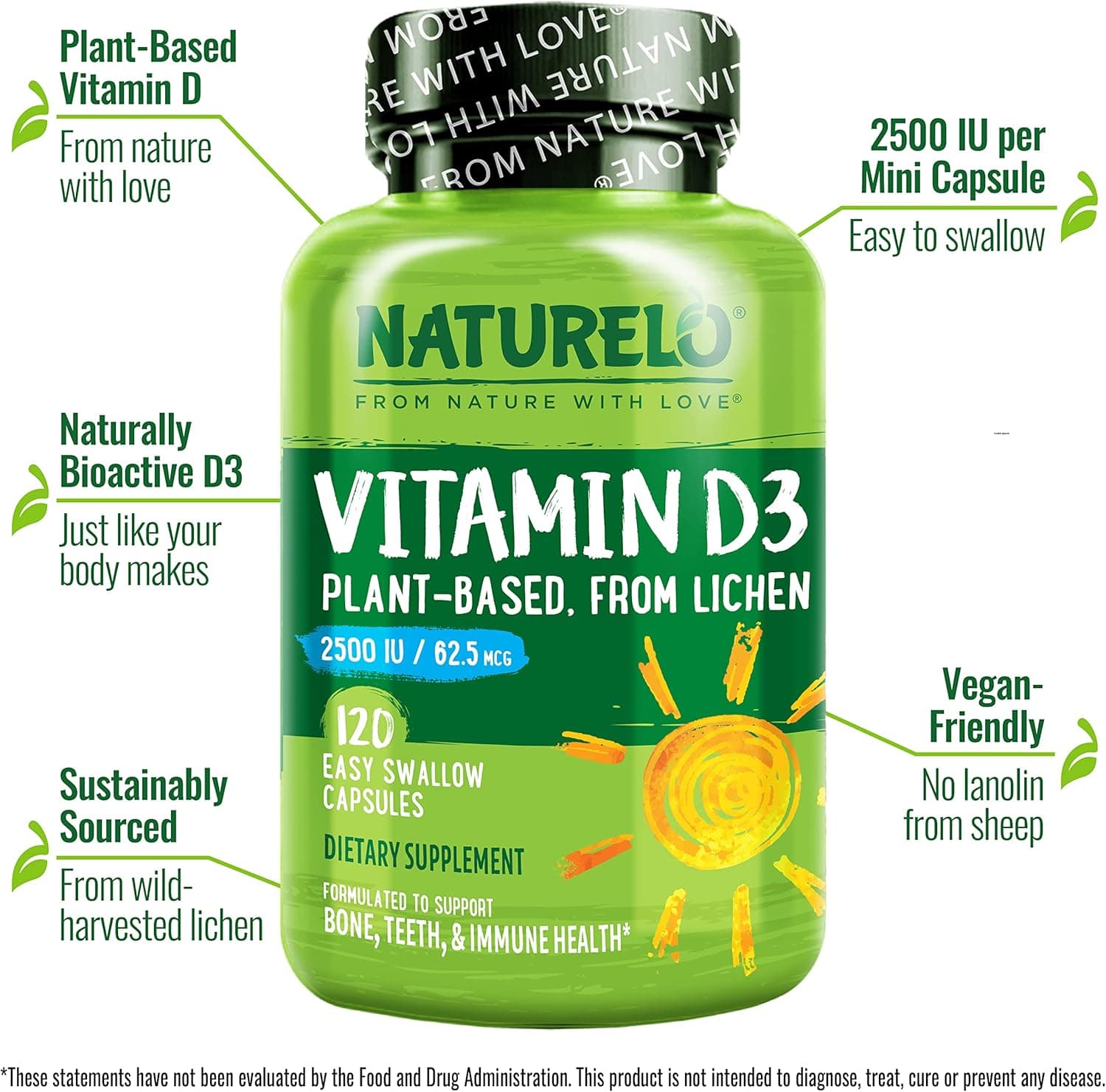 NATURELO Vitamin D3 - 2500 IU Plant-Based from Lichen thumbnail 2