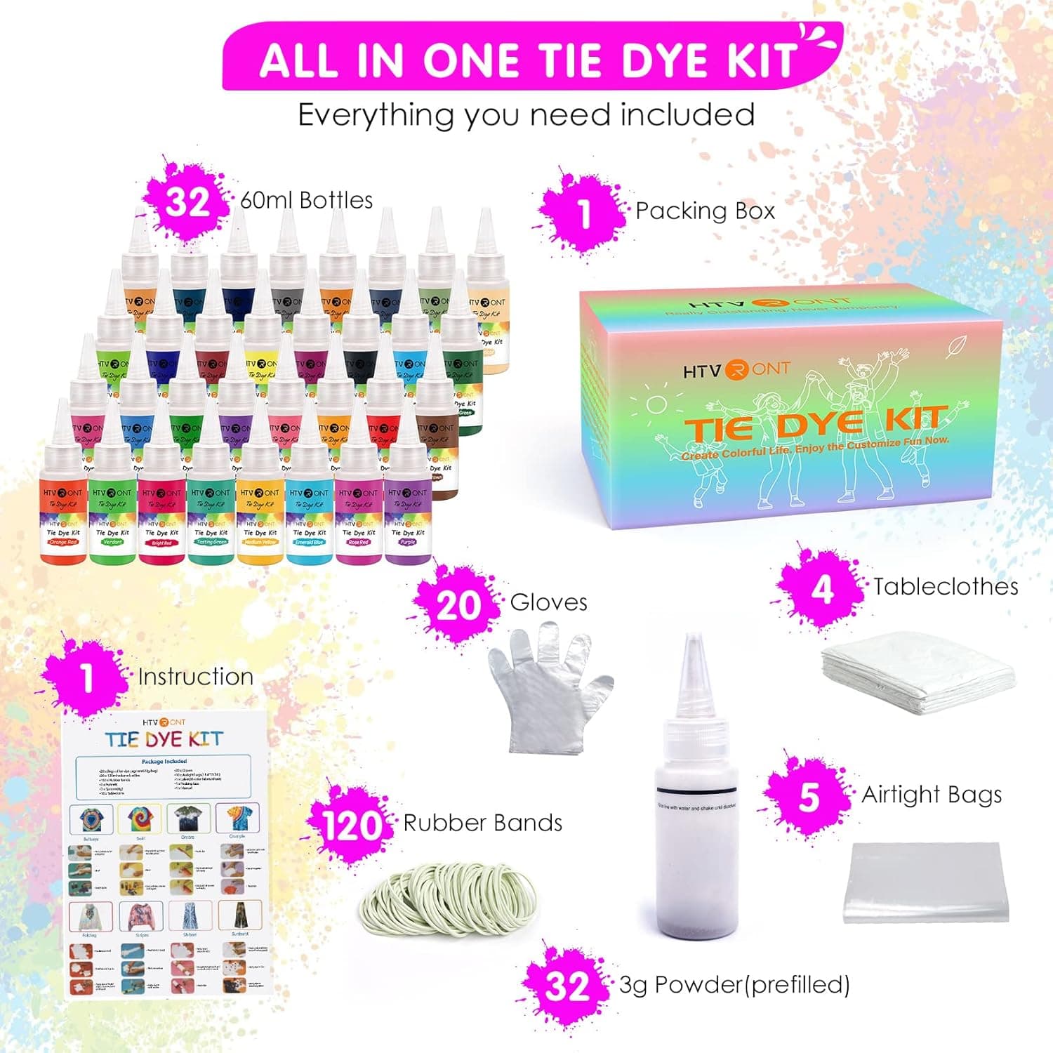 HTVRONT Tie Dye Kit - 32 Vibrant Colors Pre-Filled Bottles Tyedyedye Kit, Permanent Non-Toxic for Large Groups Kids Adults,Tye Fabric Textile Handmade Party(Just Add Water) thumbnail 3