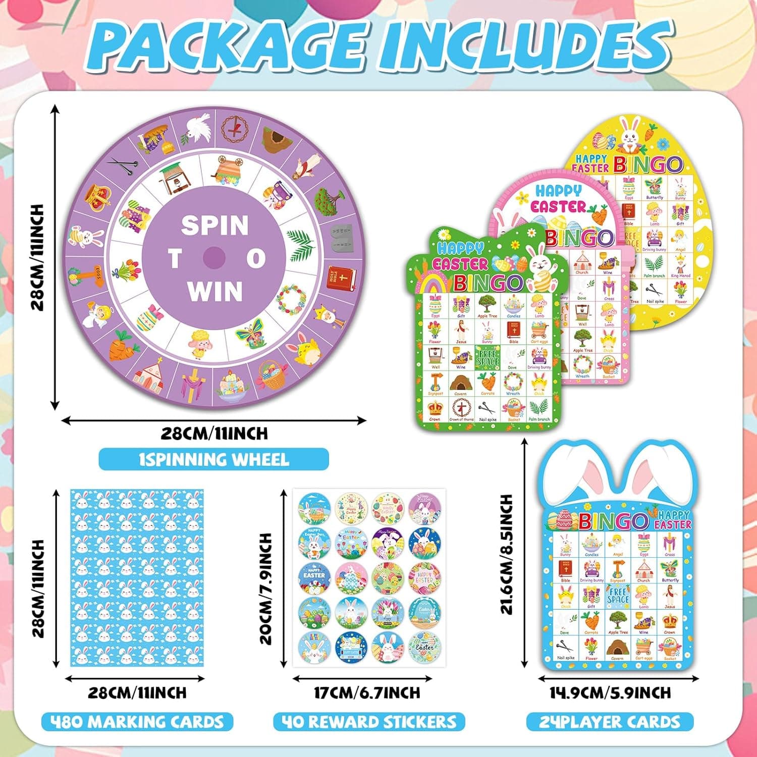 Easter Bingo Game Cards for Adults 24 Players Easter Egg Bunny Bingo Games Spring Holiday Bingo Cards with Turntable Reward Stickers for Party Classroom Activities Home Family Party Game : Toys &amp; Games thumbnail 2