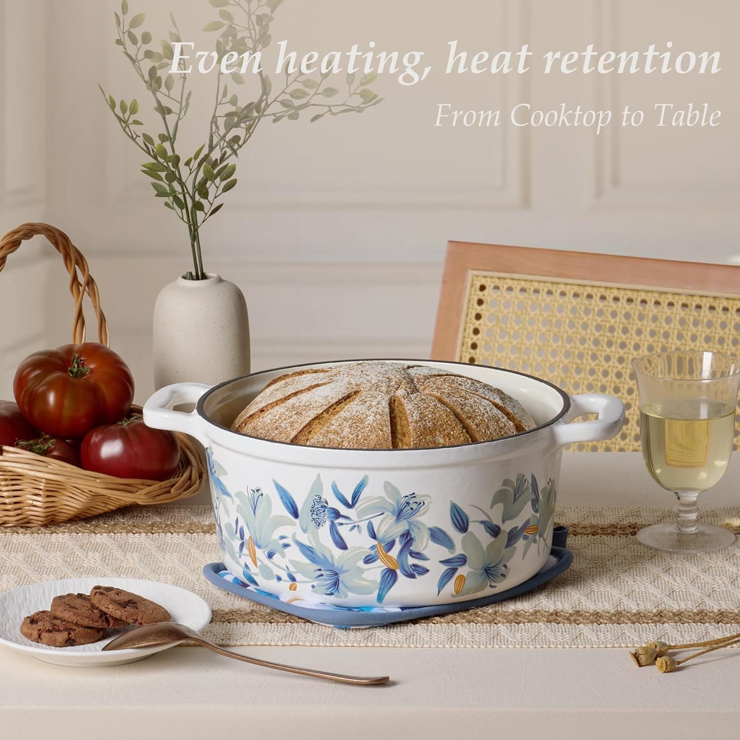 CAROTE 5 QT Enameled Cast Iron Dutch Oven with Lid - White & Blue thumbnail 3