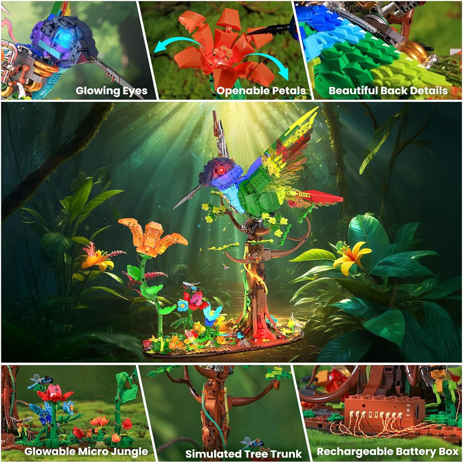 JMBricklayer Mechanical Hummingbird Building Set with LED Light, Bird Model Sets for Adults, Flower Animal Collection Toy, Art Creative Gifts, Home &amp; Office Décor, Ideas for Women &amp; Men Kids 14+ : Toys &amp; Games thumbnail 3