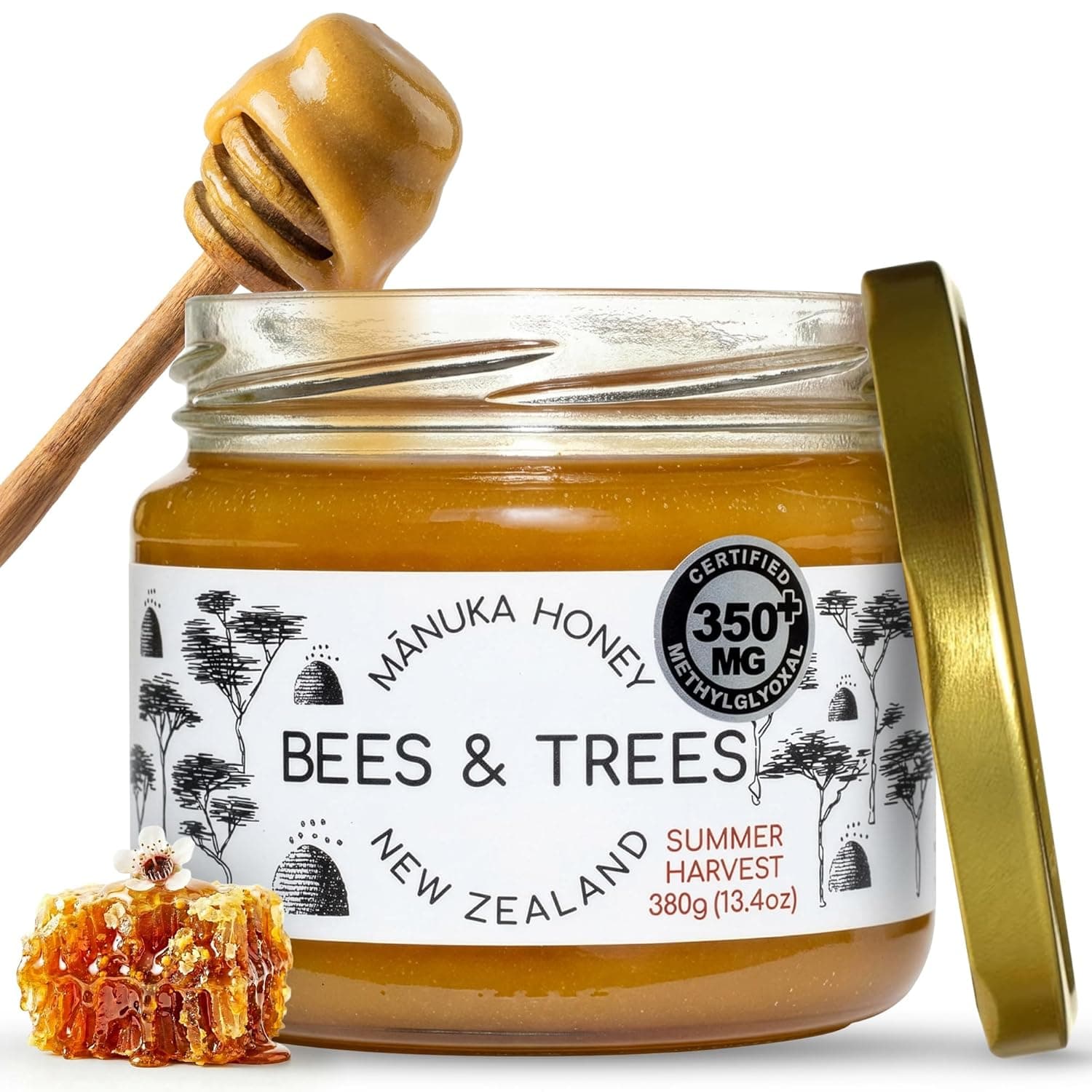 Bees &amp; Trees Manuka Honey 350+ MGO - Raw Pure New Zealand Monofloral Honey – Unpasteurized &amp; Natural Unfiltered Manuka for Tea, Coffee, Dressings, Smoothies &amp; Daily Use – Glass Jar, 380g (13.4oz) : Grocery &amp; Gourmet Food view 1