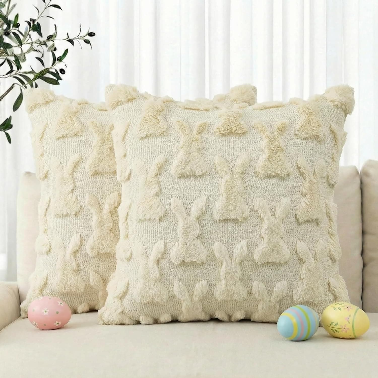 AVOIN colorlife Easter Rabbits Beige Throw Pillow Covers, 18 x 18 Inch Bunny Soft Plush Faux Fur Jacquard Cushion Case Decoration for Sofa Couch Set of 2 : Home &amp; Kitchen view 1