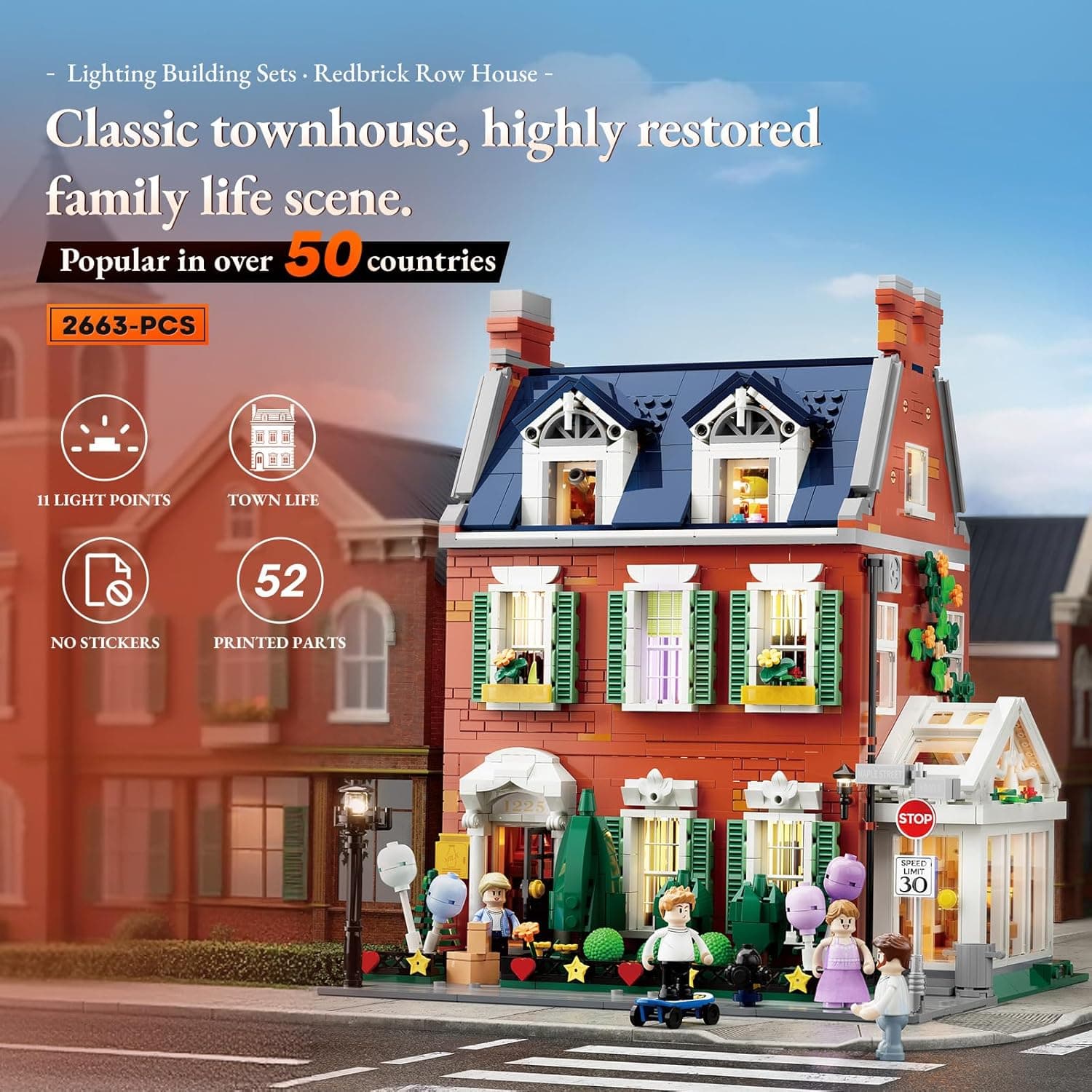 LUMIBRICKS Redbrick Row House Lighting Building Bricks Set - City Town LED Light Modular Construction Model Collection Display Kit with Minifigures 2663 Pcs for Adults &amp; Teens : Toys &amp; Games thumbnail 2
