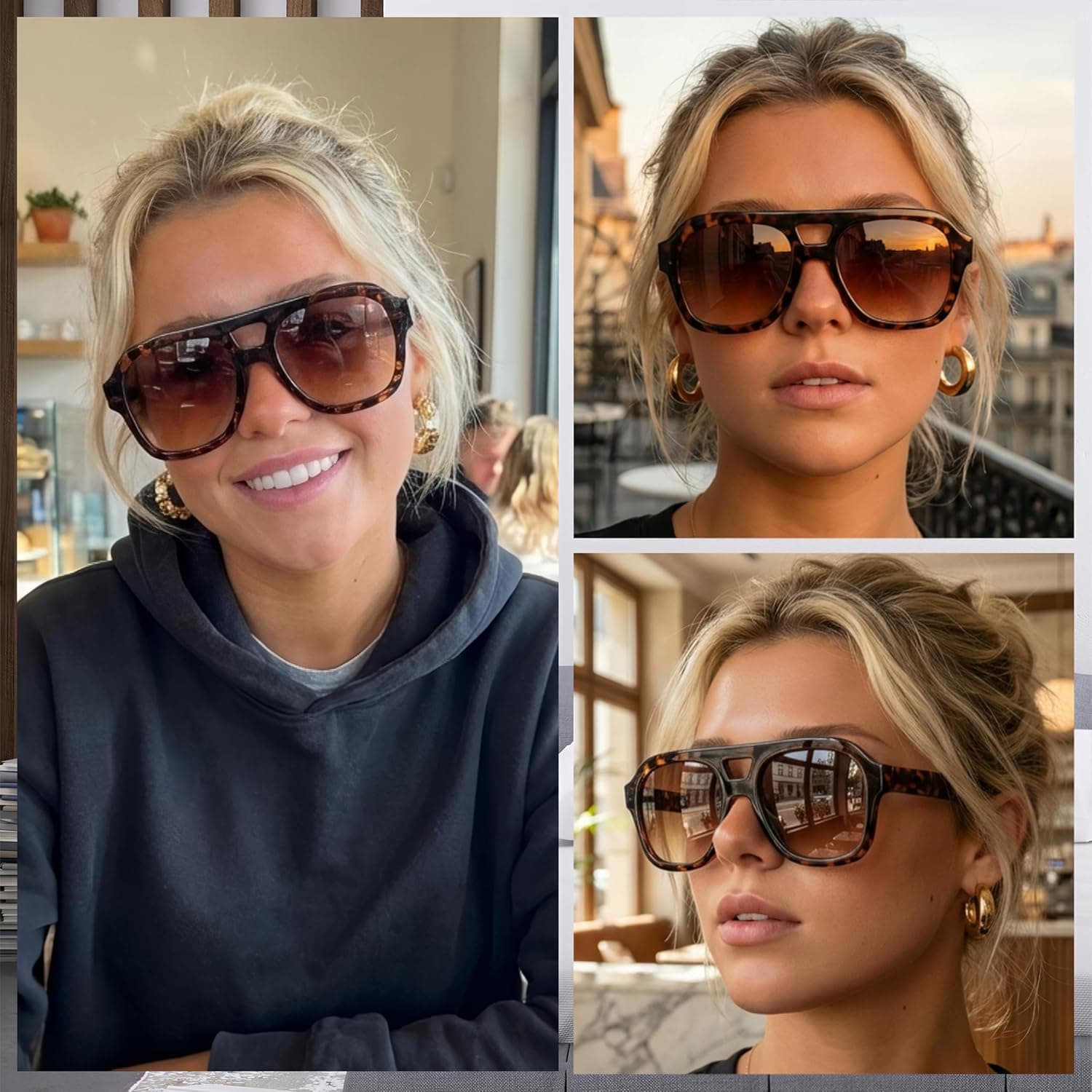 FEISEDY Vintage Pilot Sunglasses Double Bridge Large Square Thick Frame thumbnail 3