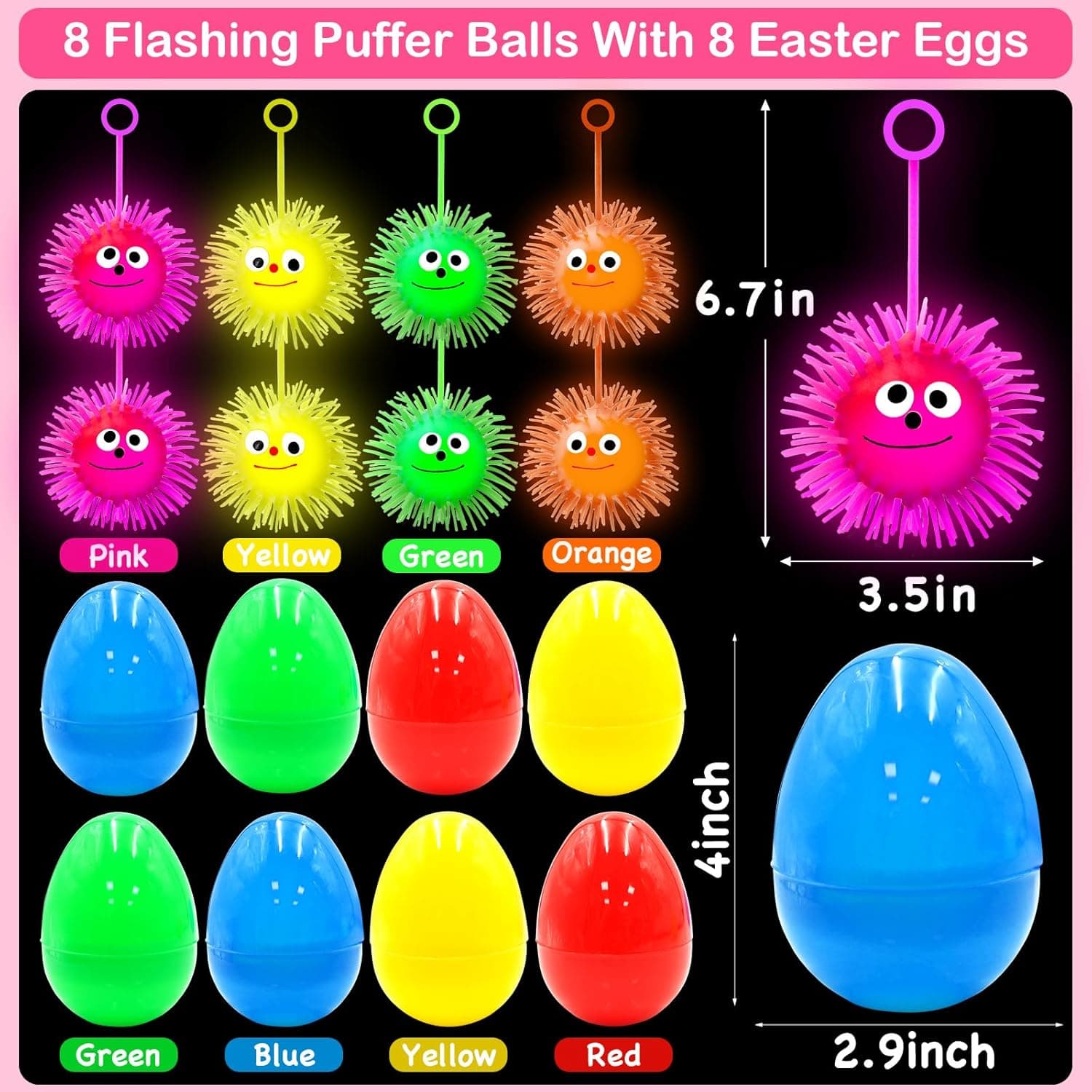 PIONJOY Jumbo Easter Eggs Filled with LED Puffer Balls, 8-Pack Light-Up Squeeze Stress Relief Toys for Kids, Easter Egg Hunt Fillers Treats Easter Basket Stuffers for Kid Toddler Boys Girls : Toys &amp; Games thumbnail 2