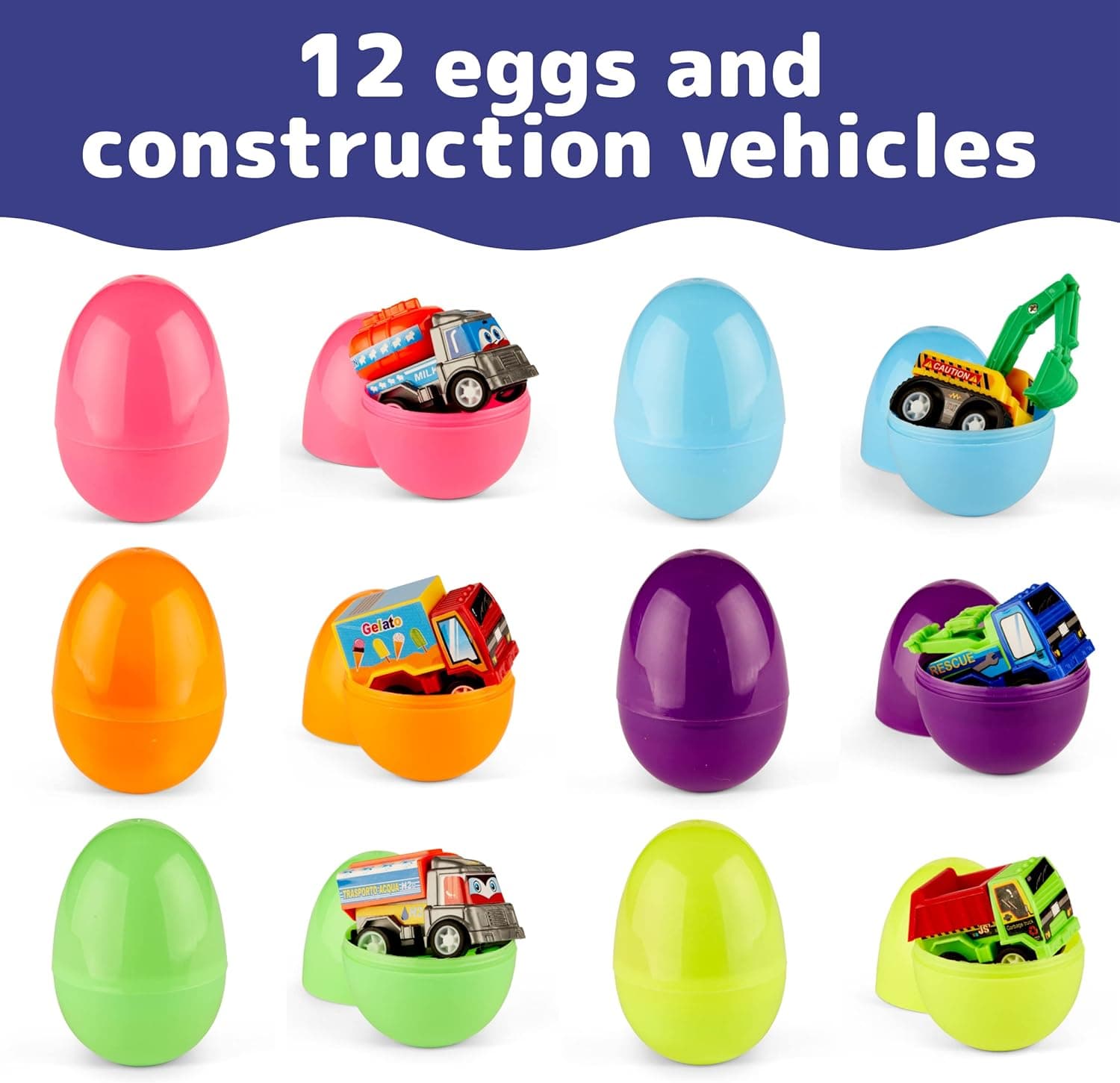 PREXTEX Set of 12 Toy Filled Easter Eggs with Pull-Back Construction Vehicles thumbnail 2