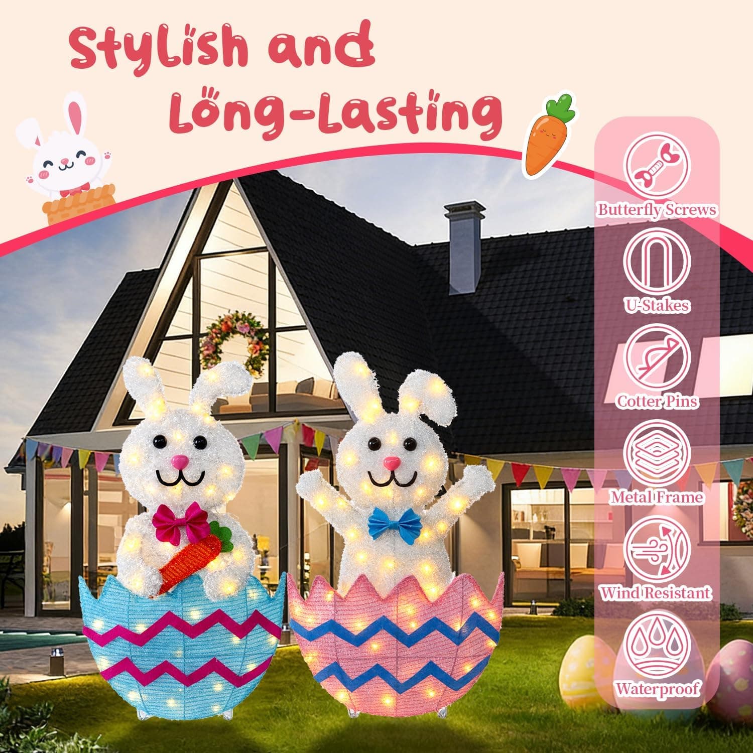 Outdoor Easter Decorations - Set of 2 Lighted Metal Bunnies, 35 Inch Wide thumbnail 5