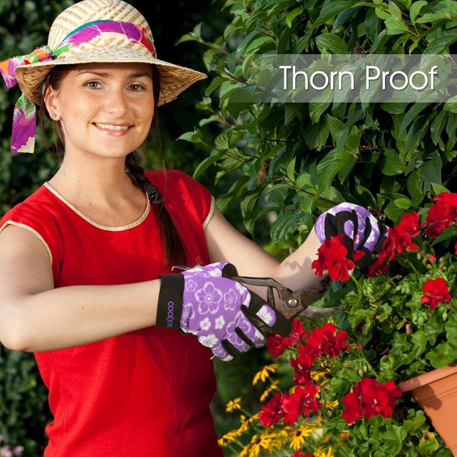 COOLJOB Medium Gardening Work Gloves for Women - Thorn Proof Purple Floral thumbnail 5