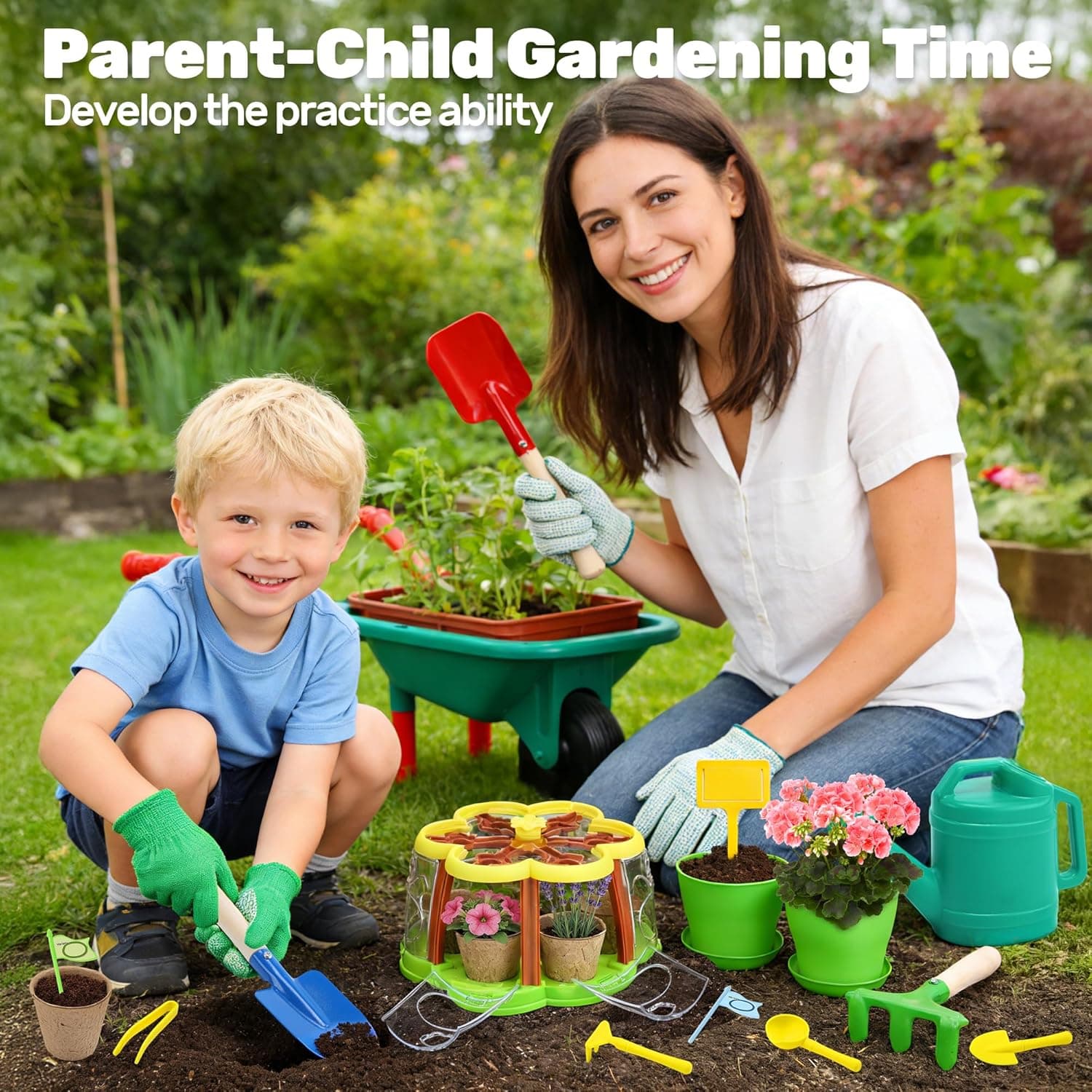 CUTE STONE Kids Gardening Set with Wheelbarrow and Grow House thumbnail 5