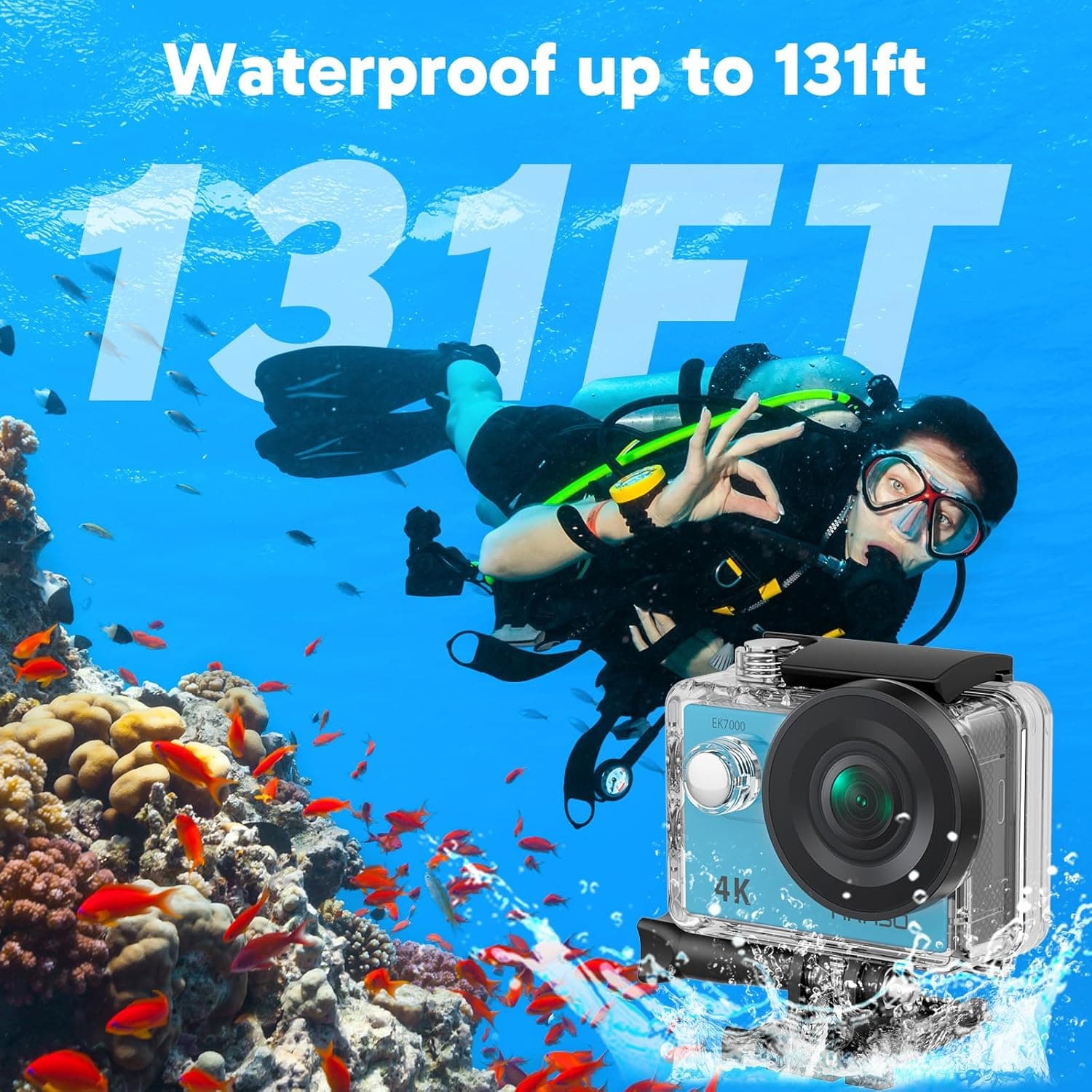 AKASO EK7000 4K30FPS 20MP WiFi Action Camera with EIS Ultra HD 131FT Waterproof Underwater Camera Remote Control 4X Zoom Support External Microphone Blue : Electronics thumbnail 4