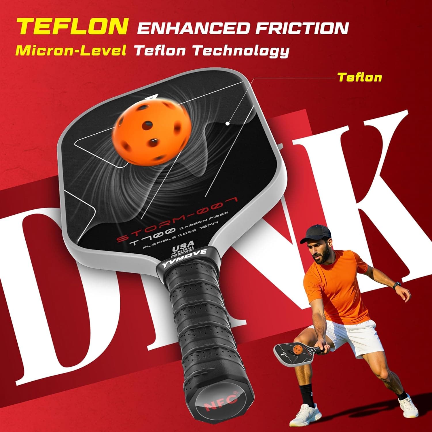 YVmove Pickleball Paddle with T700 Raw Carbon Fiber Surface & 16mm STR-Core Power Polymer Core thumbnail 5