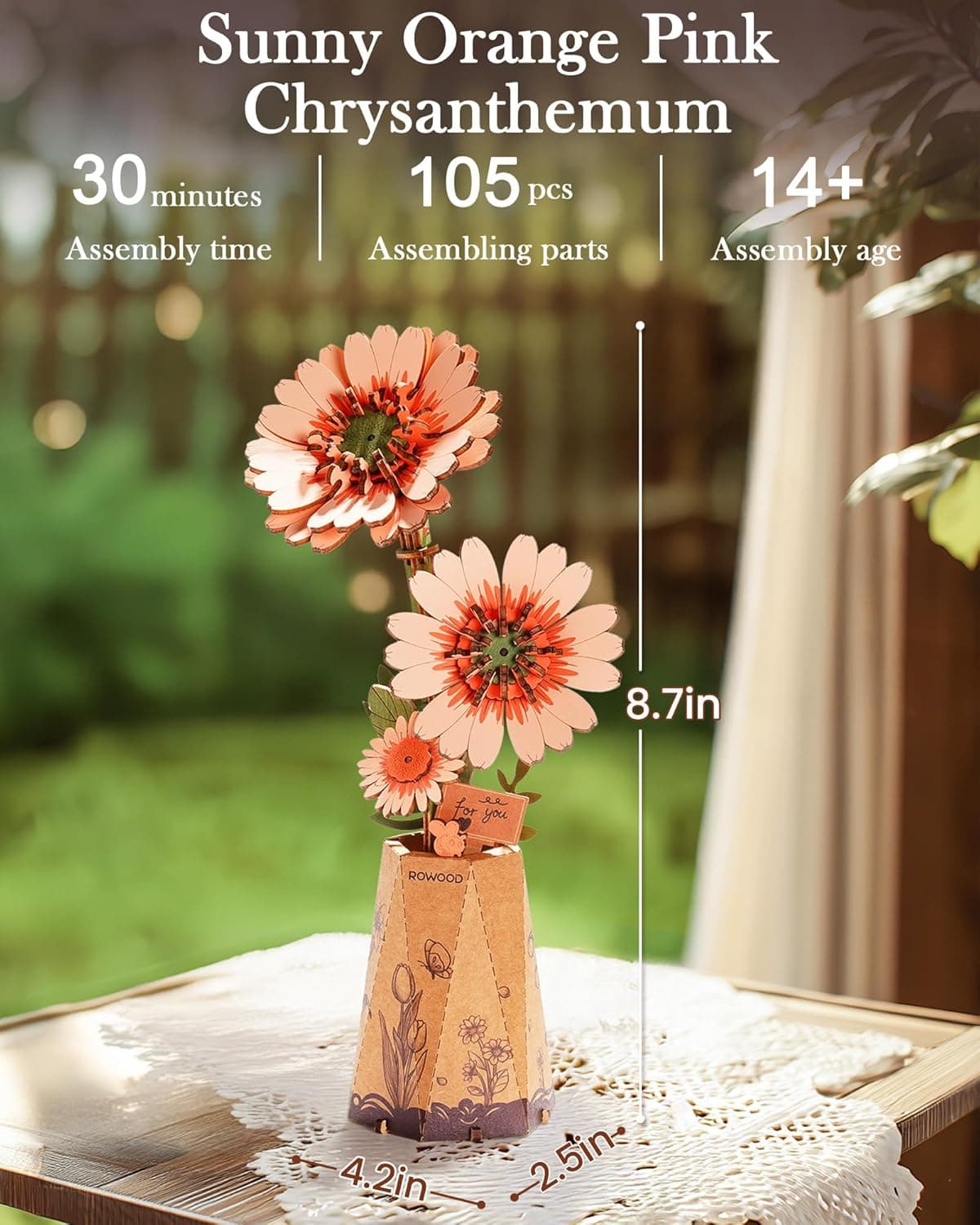 Rowood 3D Wooden Flower Puzzle - Orange Gerbera Daisy thumbnail 4