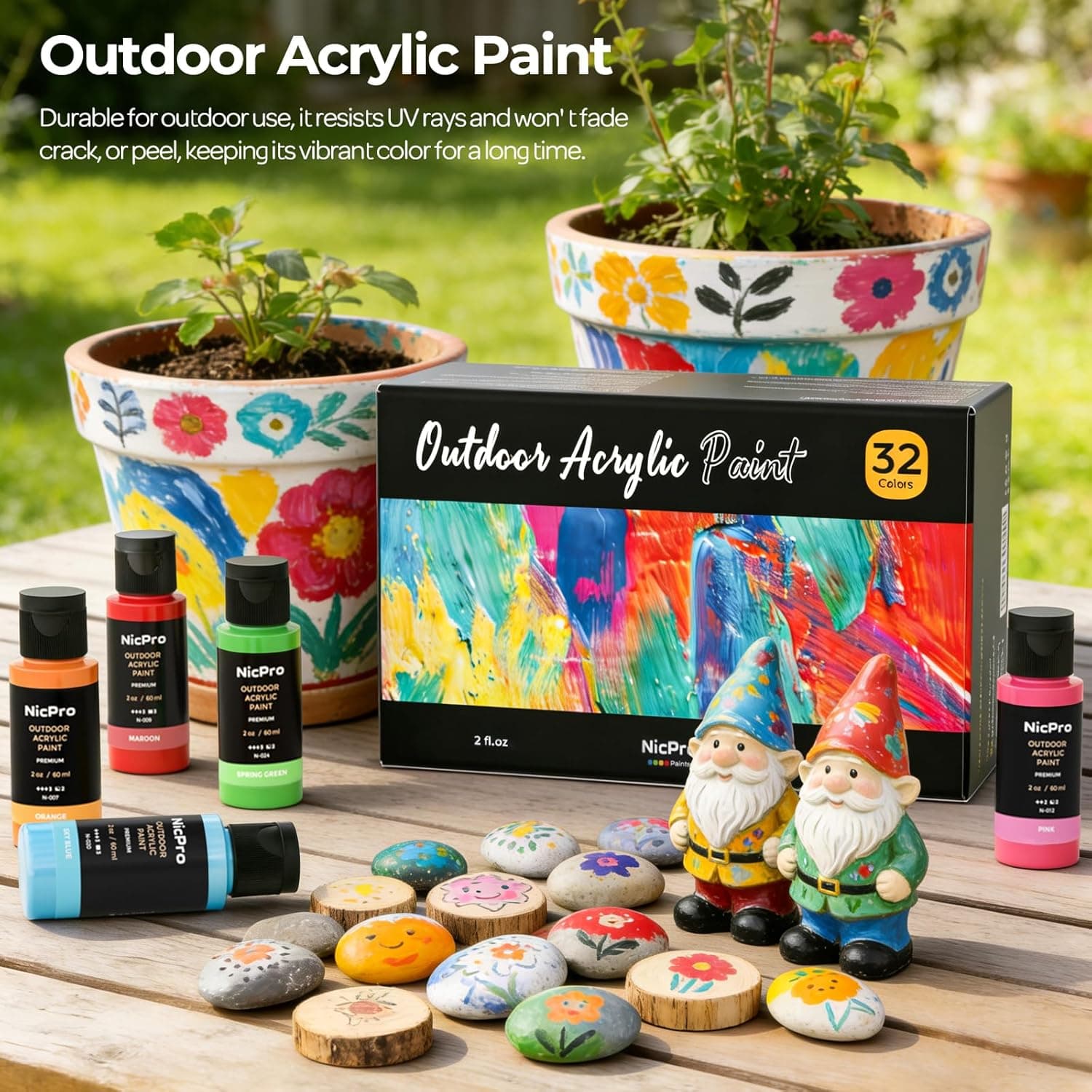 Nicpro 32 Colors Outdoor Acrylic Paint Bulk with Brush and Sponge, Knife, Non-Toxic Paint for Multi-surface Rock, Wood, Fabric, Leather, Crafts, Canvas, Shoes and Wall Painting : Arts, Crafts &amp; Sewing thumbnail 5