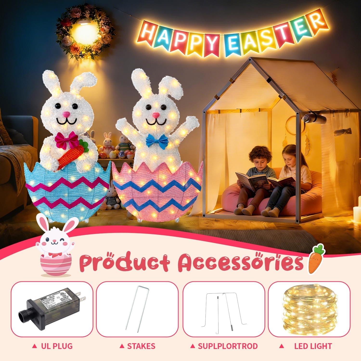 Outdoor Easter Decorations - Set of 2 Lighted Metal Bunnies, 35 Inch Wide thumbnail 4