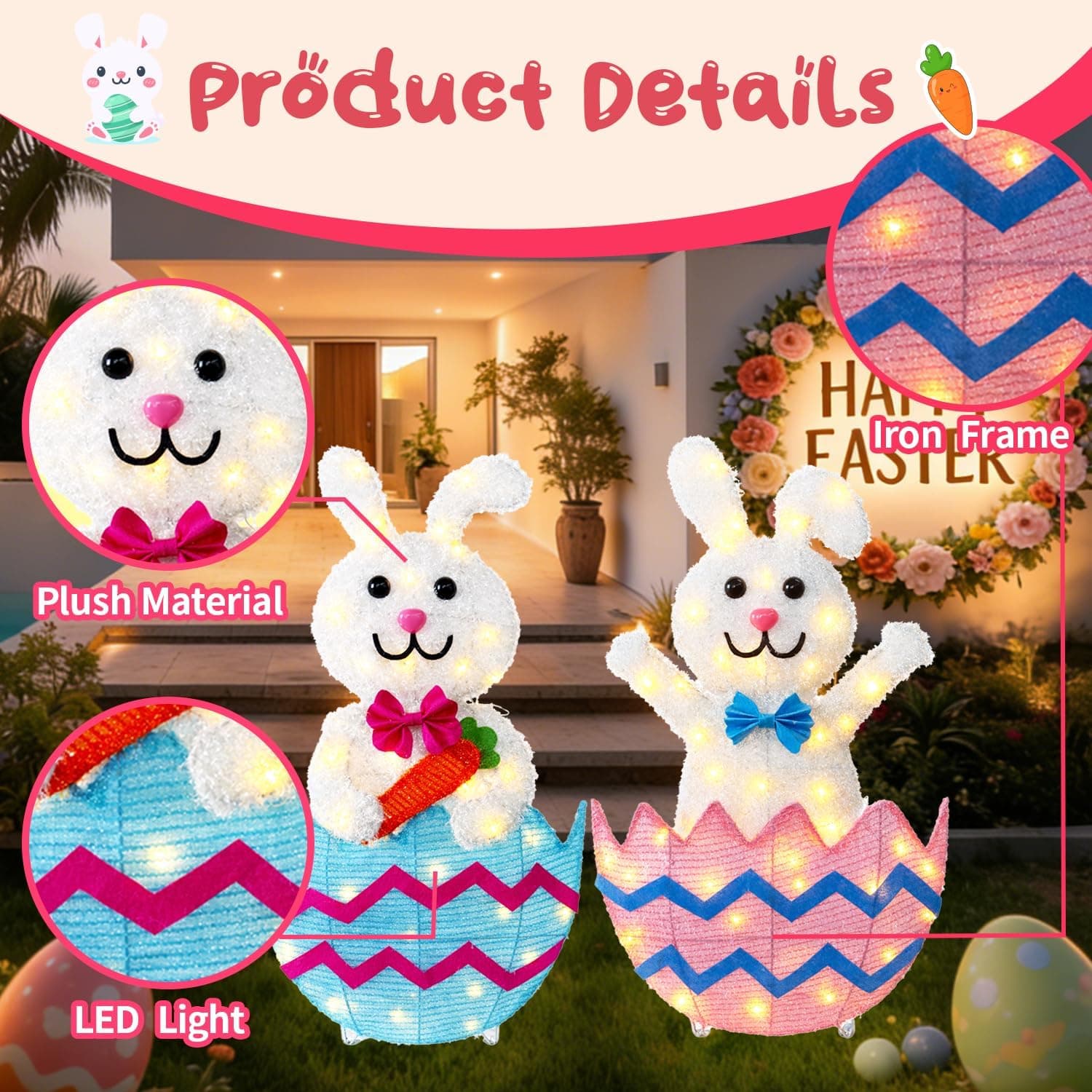 Outdoor Easter Decorations - Set of 2 Lighted Metal Bunnies, 35 Inch Wide thumbnail 3