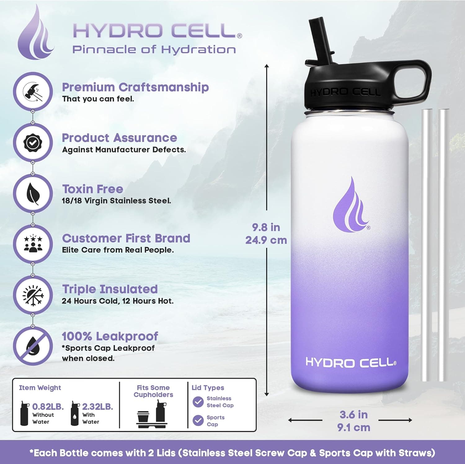 HYDRO CELL Stainless Steel Insulated Water Bottle with Straw - For Cold &amp; Hot Drinks - Metal Vacuum Flask with Screw Cap and Modern Leakproof Sport Thermos for Adults (Lavender/White 32oz): Home &amp; Kitchen thumbnail 3
