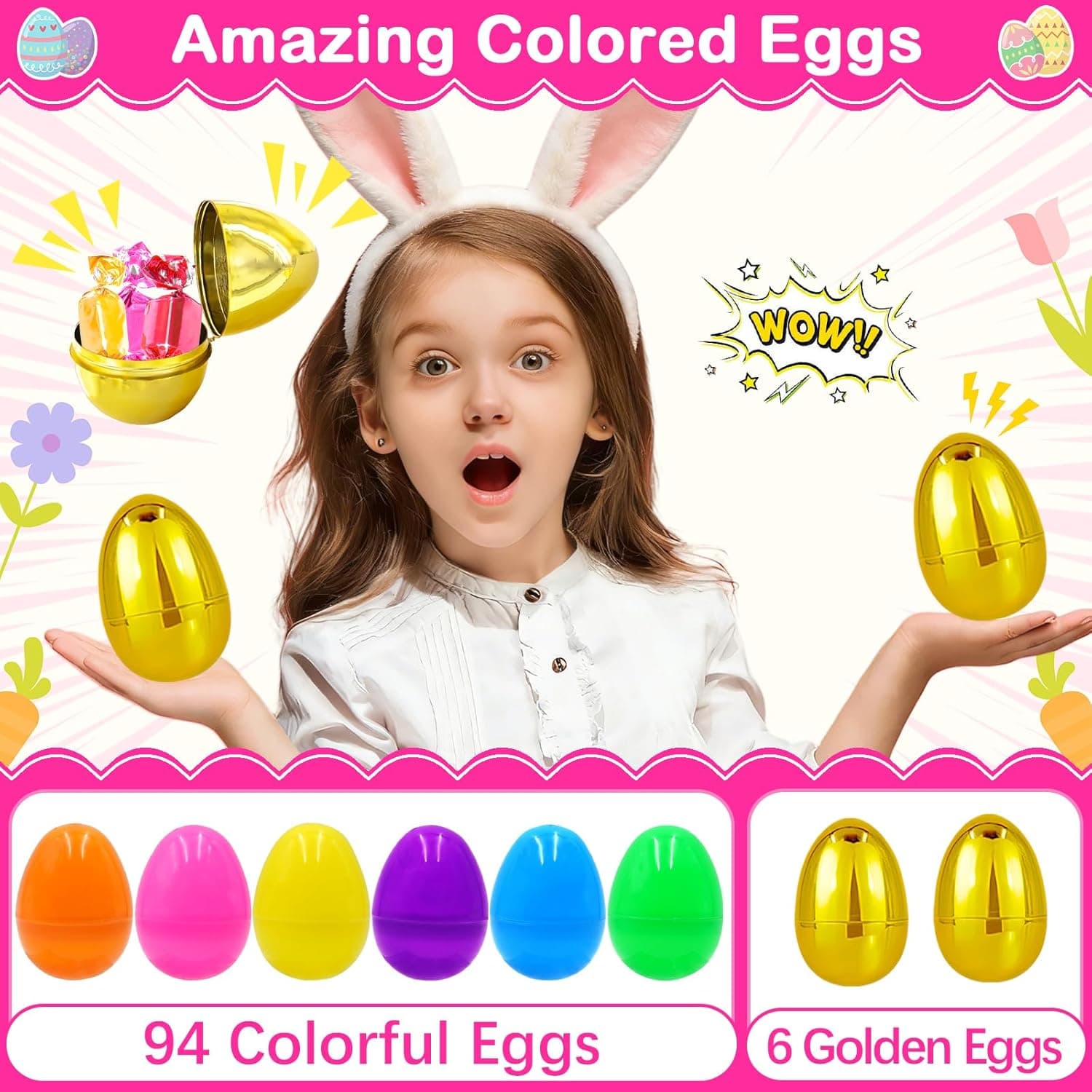 ZICZLI 100 PCS 3" Large Plastic Easter Eggs with 6 Golden Eggs thumbnail 3