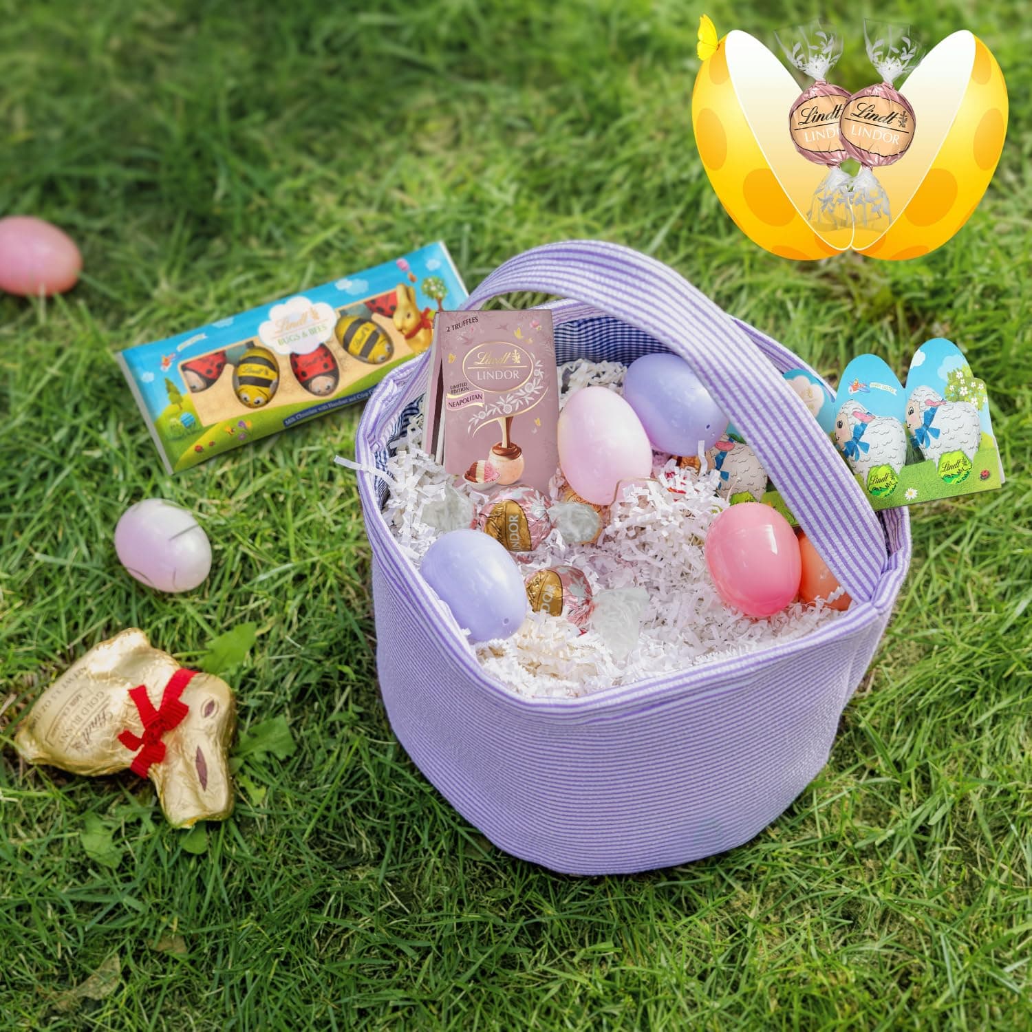 Lindt Easter Basket Chocolate Delight: GOLD BUNNY Milk Chocolate 1.7 oz, LINDOR Neapolitan Truffles 0.8 oz, Bugs &amp; Bees and Little Lambs 5-Packs 1.7 oz Each - Premium Gourmet Chocolate for Perfect Easter Gifts : Grocery &amp; Gourmet Food thumbnail 4