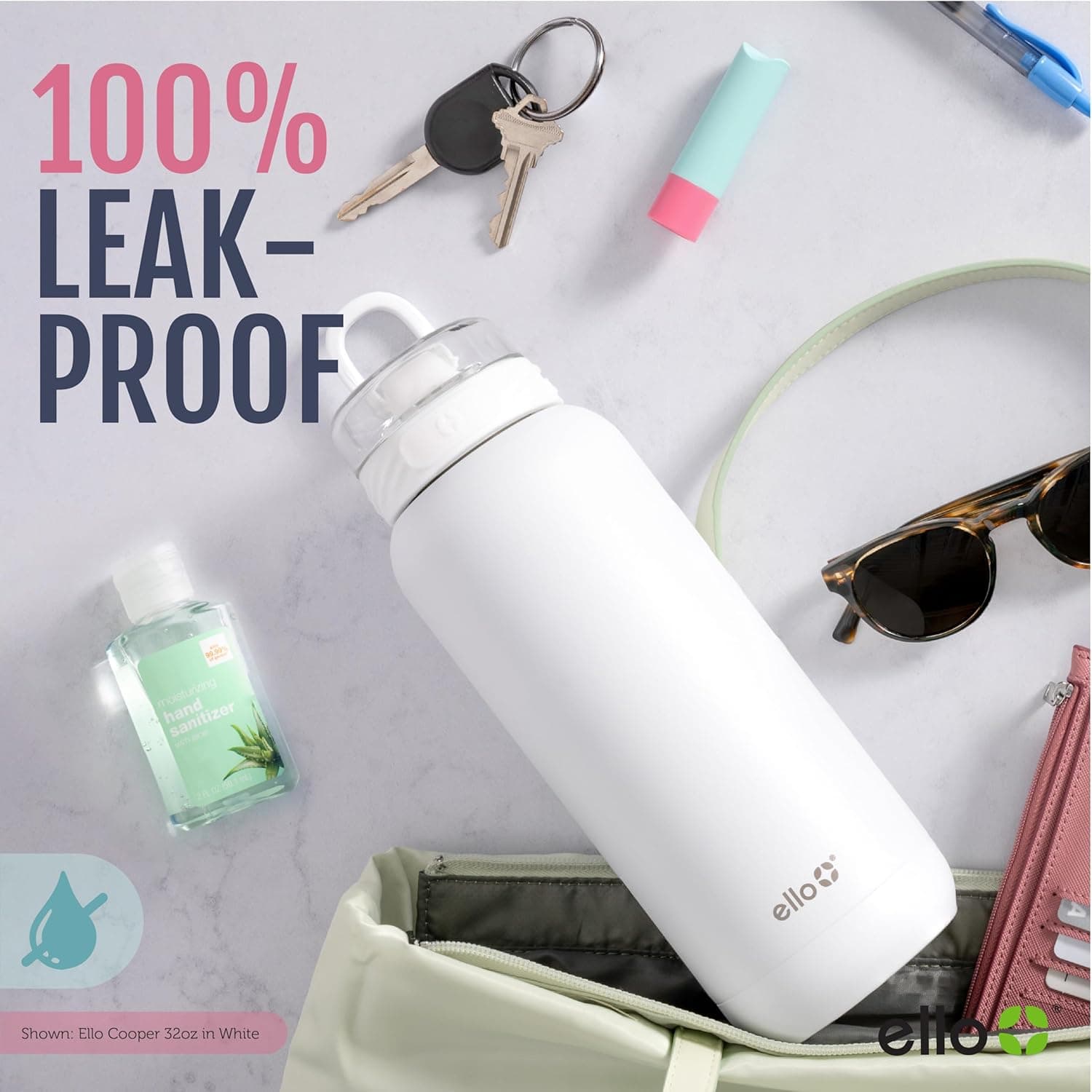 Ello Cooper 40oz Stainless Steel Water Bottle with Straw and Carry Handle, Double Walled and Vacuum Insulated Metal, Leak Proof Locking Lid with Soft Silicone Spout, Reusable, BPA Free, White Marble : Sports &amp; Outdoors thumbnail 4