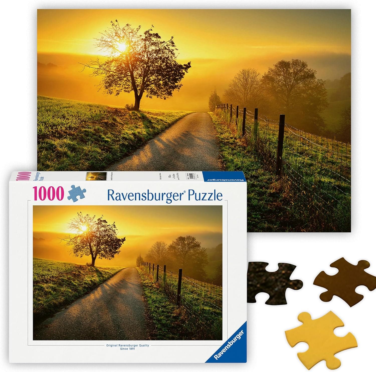 Ravensburger - Landschaft in Morgensonne - 1000 Piece Jigsaw Puzzle - Stunning Sunrise on an Empty County Lane - Scenic Nature - Frameable - Premium Quality - Puzzles for Adults : Toys &amp; Games — Easter Gifts gift idea
