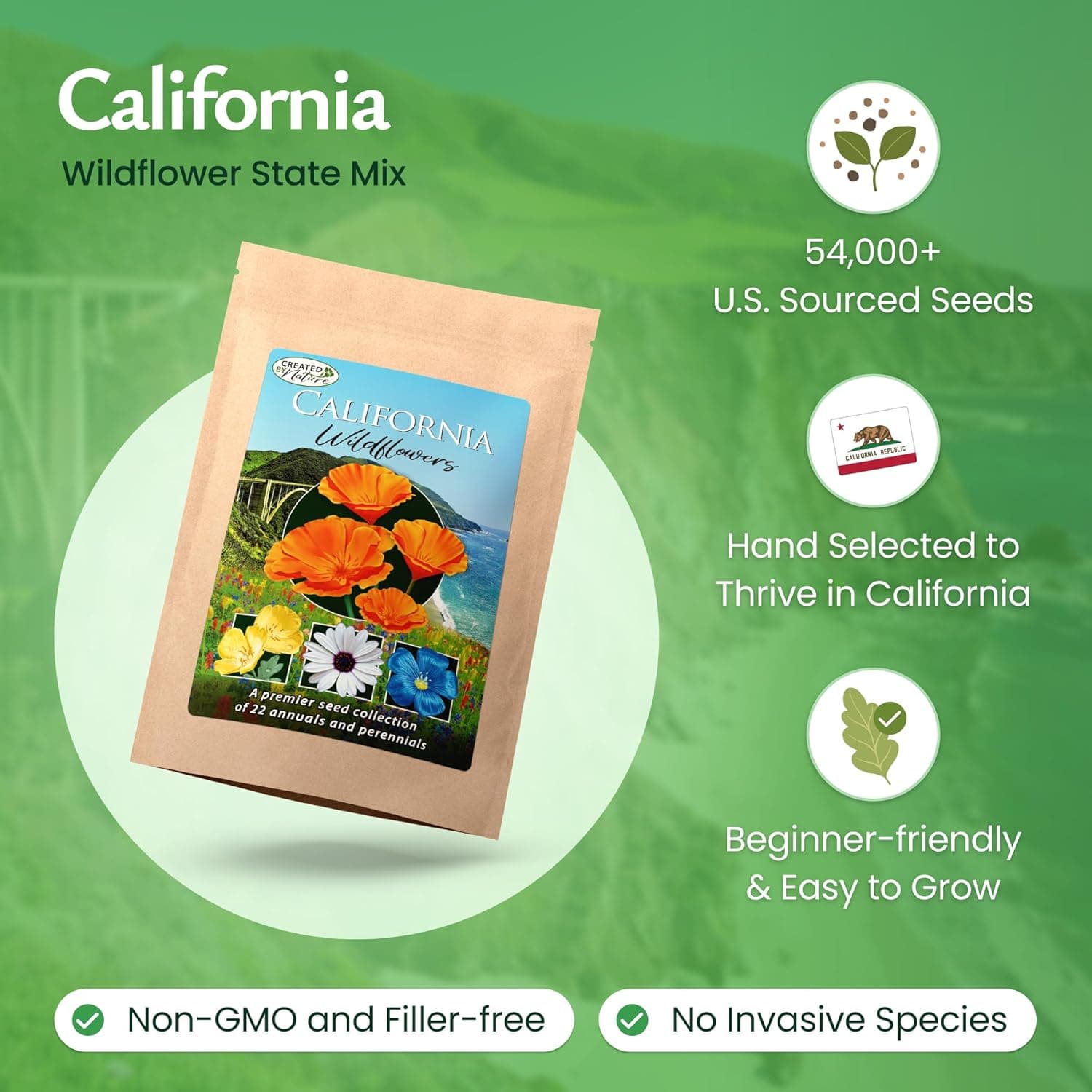 Created By Nature California Wildflower Seed Mix with Poppies, 22 Flower Varieties, 54,000+ Seeds : Patio, Lawn &amp; Garden thumbnail 2