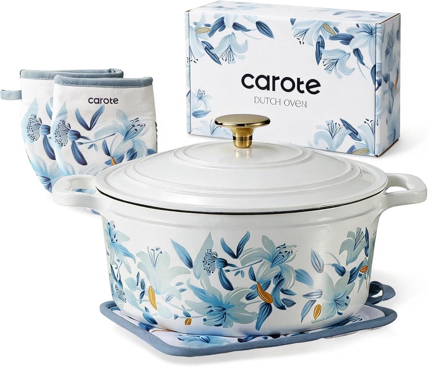 CAROTE 5 QT Enameled Cast Iron Dutch Oven with Lid - White & Blue — Easter Gifts gift idea