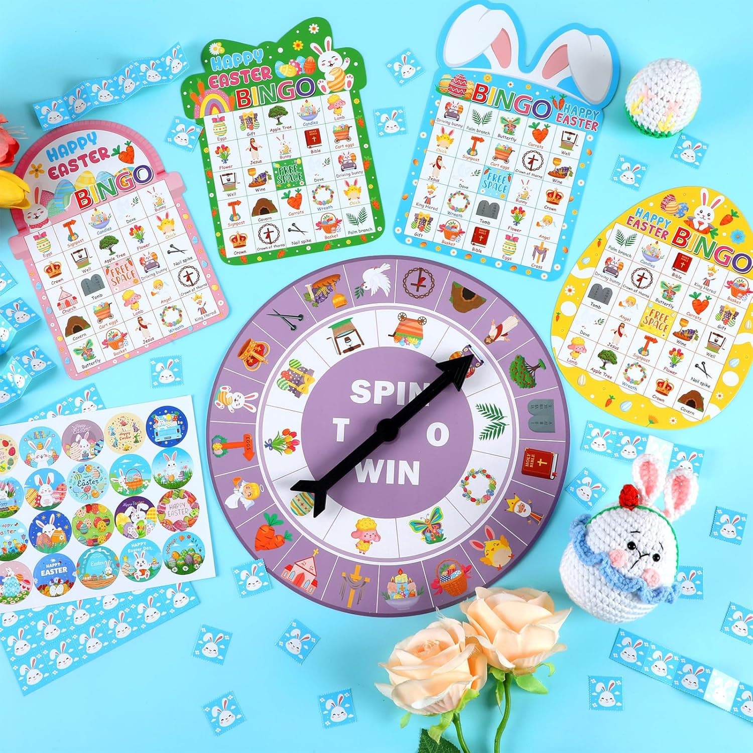 Easter Bingo Game Cards for Adults 24 Players Easter Egg Bunny Bingo Games Spring Holiday Bingo Cards with Turntable Reward Stickers for Party Classroom Activities Home Family Party Game : Toys &amp; Games thumbnail 4