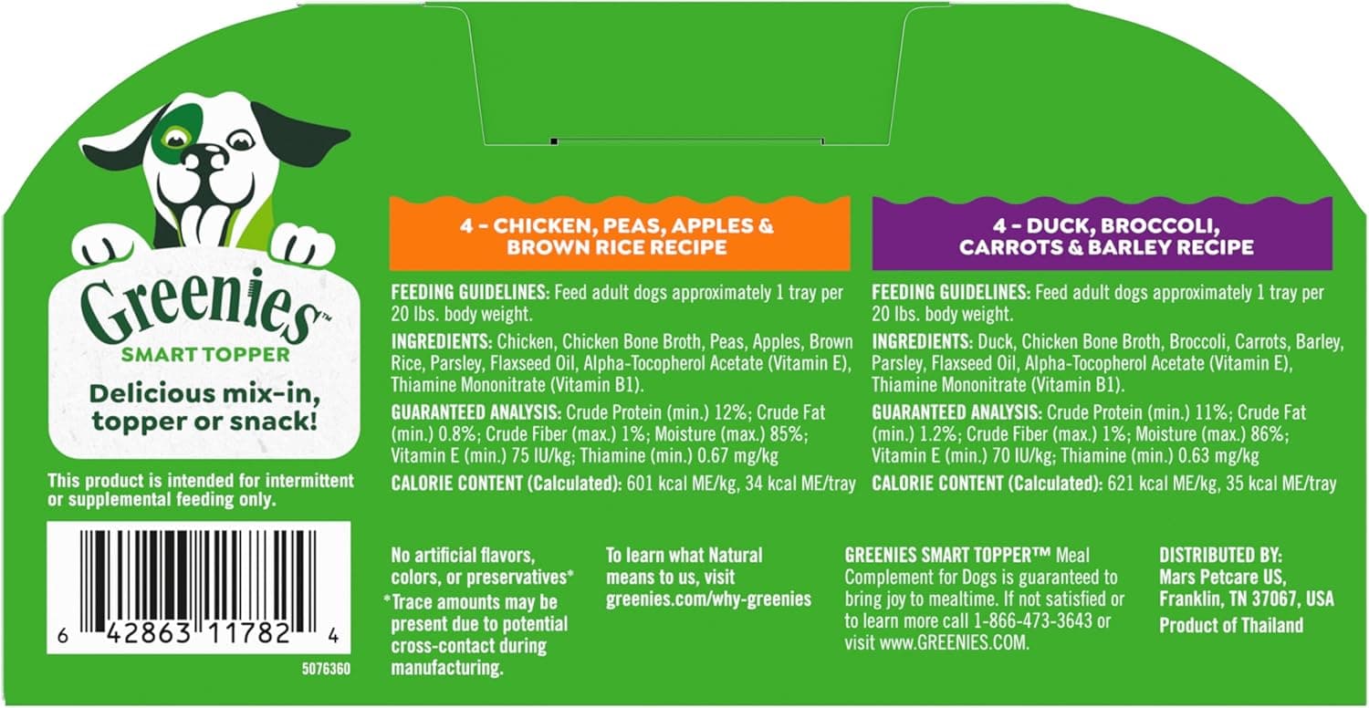 Greenies Smart Topper High Protein Wet Mix-in for Dogs, Chicken, Peas, Apples, and Brown Rice Recipe &amp; Duck, Broccoli, Carrots and Barley Recipe Variety Pack with Whole Grains, 8 Trays of 2 oz.: Pet Supplies: Amazon.com thumbnail 2