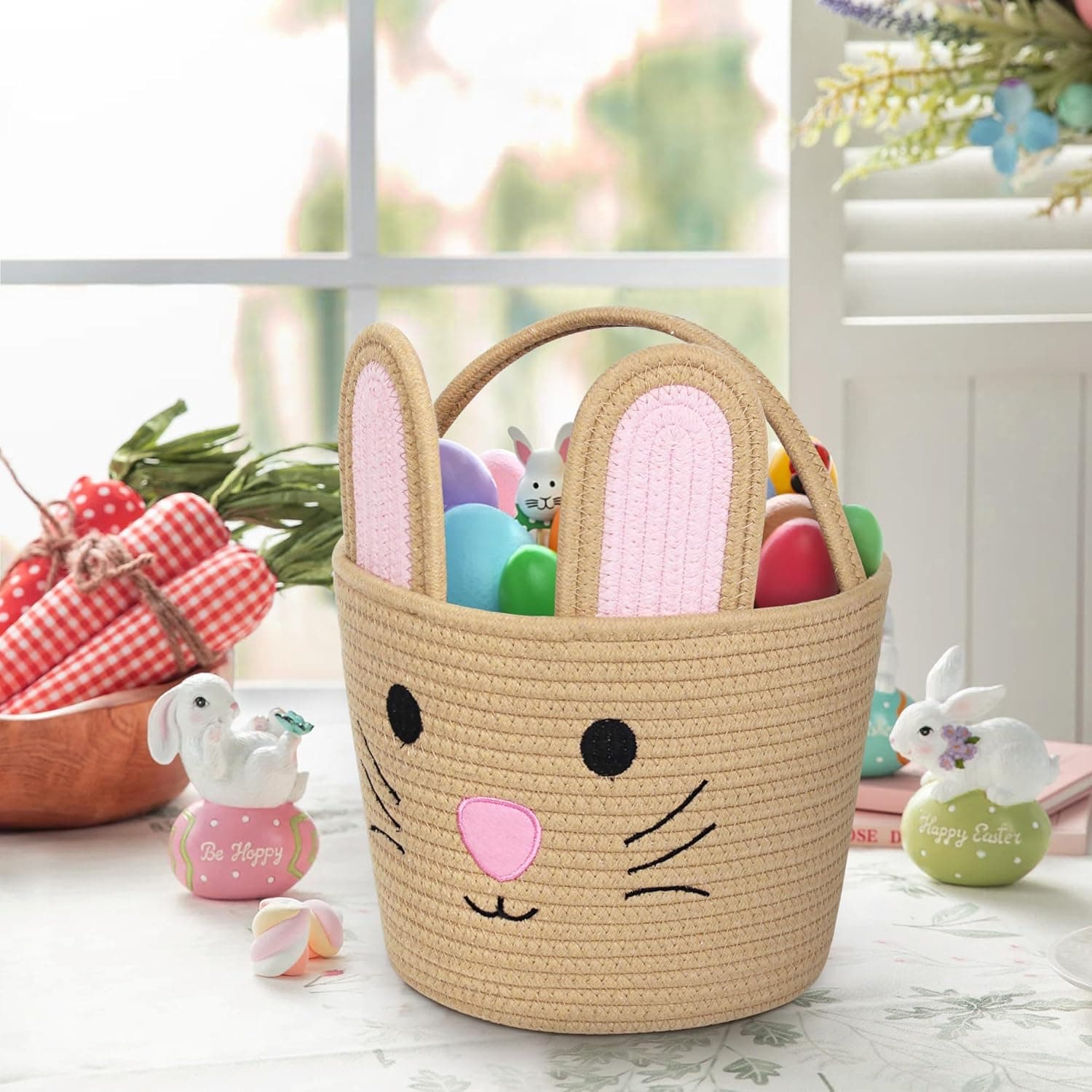 WILLITAT Easter Basket for Kids - Woven Cotton Rope Egg Bucket with Rabbit Ears Handle thumbnail 3