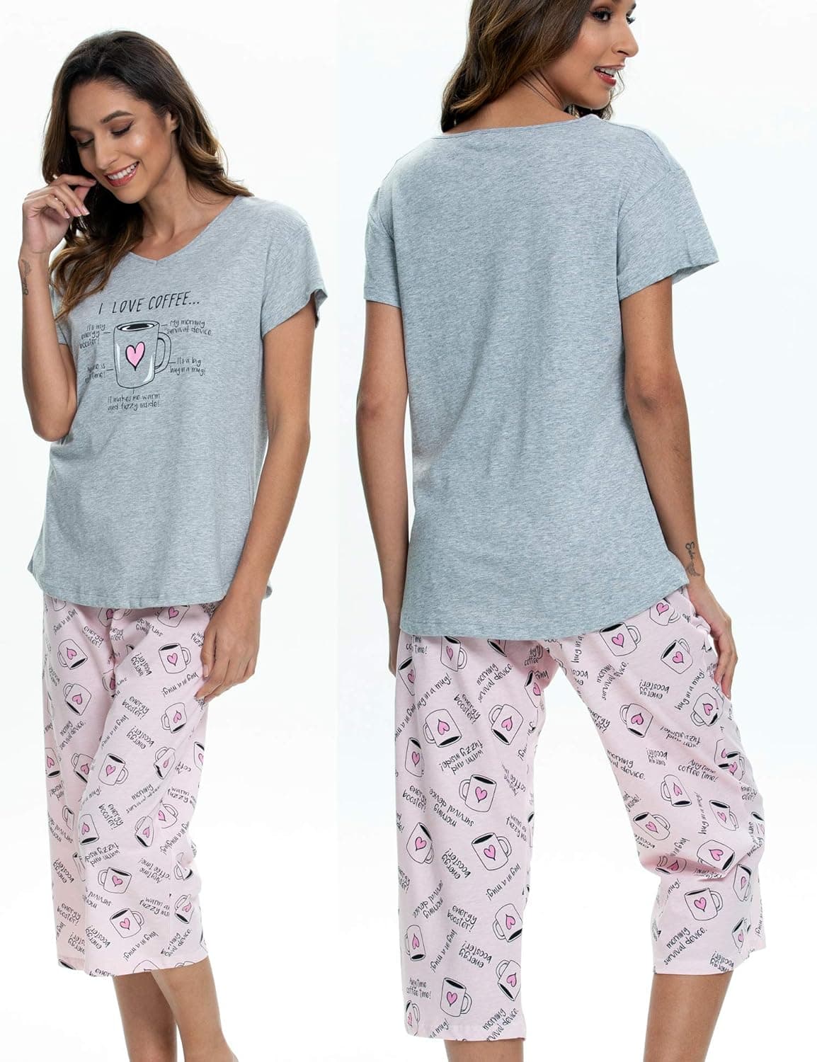 ENJOYNIGHT Women's Pajama Set - Cotton Short Sleeve Top with Capri Pants thumbnail 5