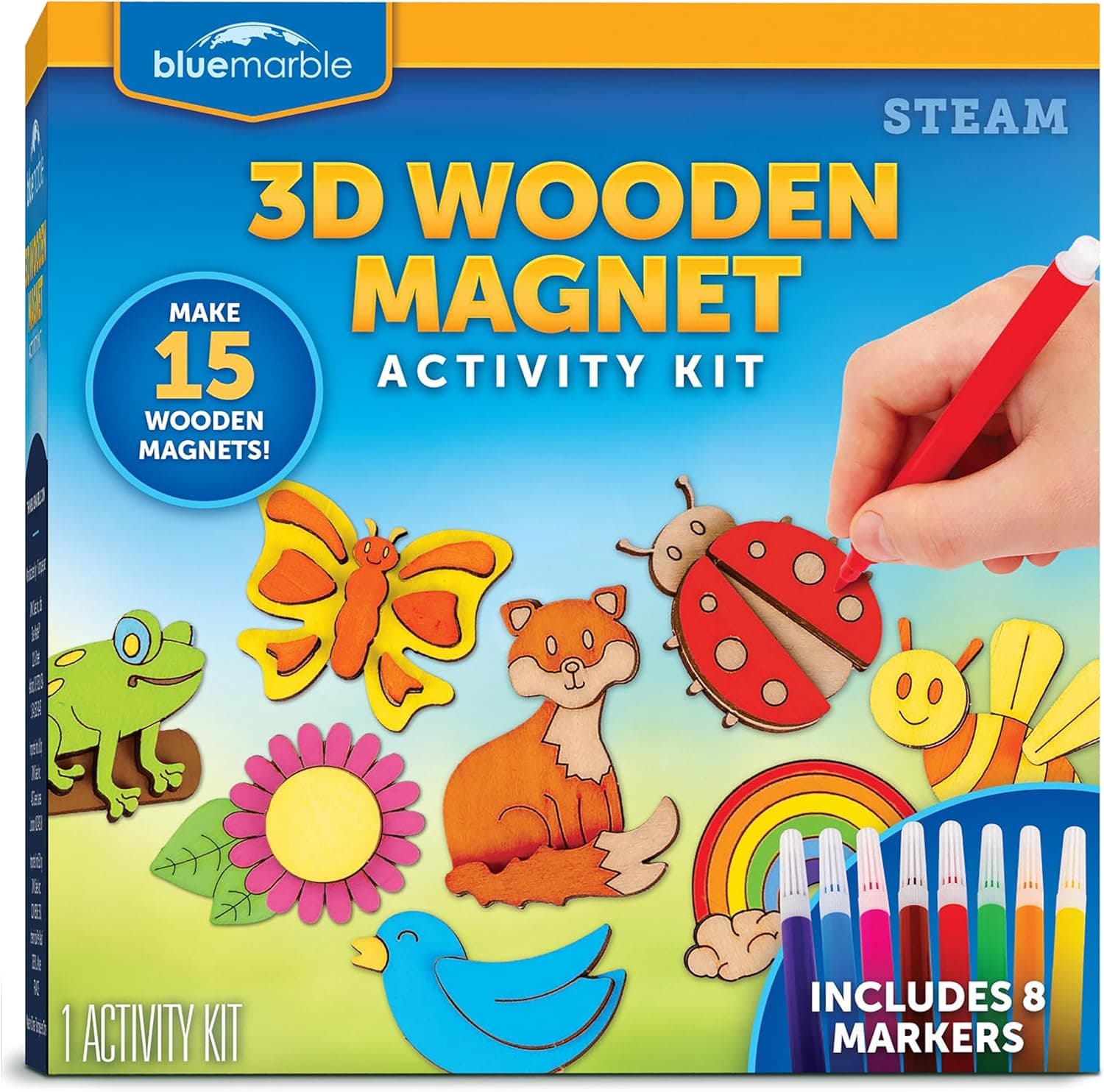 Blue Marble Wooden Magnet Craft Kit - Create &amp; Paint 15 Nature-Themed Designs with 8 Watercolor Pens, Art Kit, DIY Magnets Project for Kids, Painting Activity, Easter Basket Stuffers : Toys &amp; Games view 1