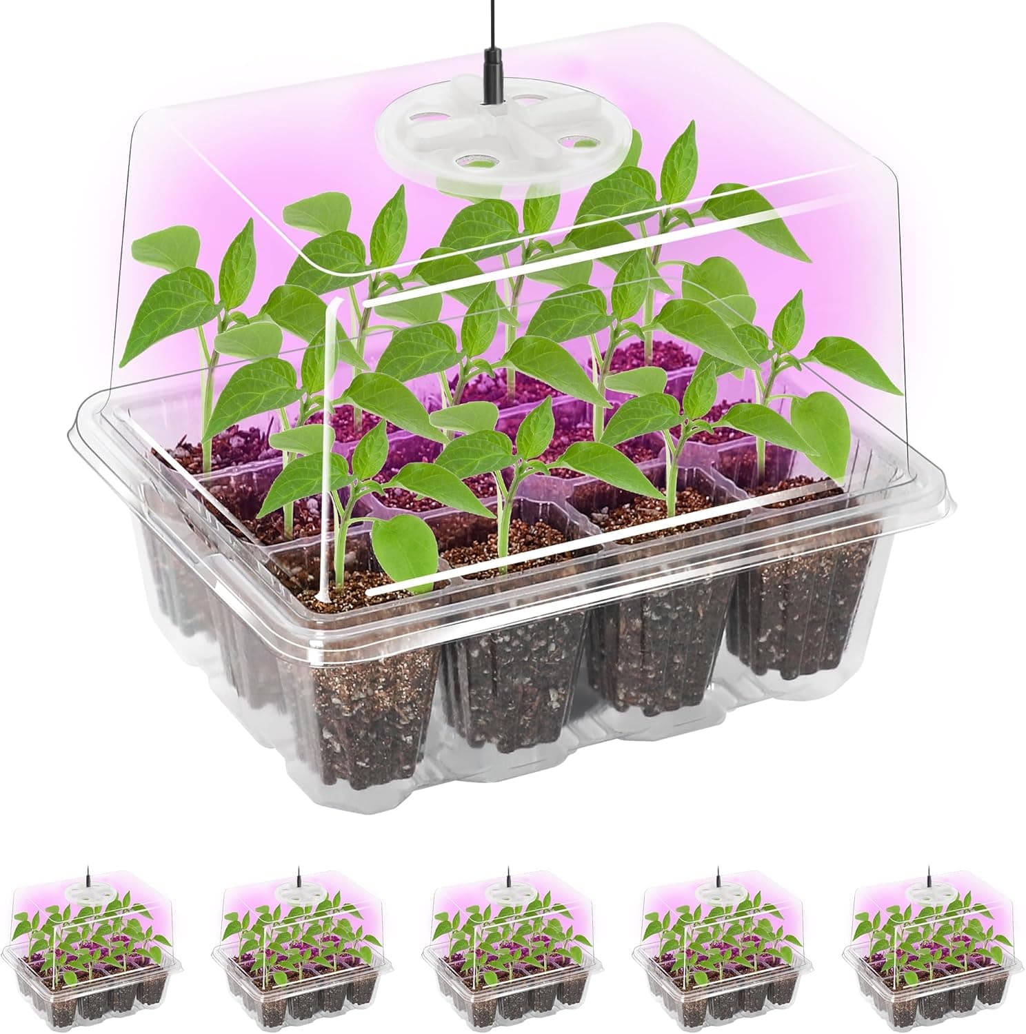 Bonviee 5 Packs Seed Starter Tray with Grow Light, Elevated Seedling Starter Trays Kits with Adjustable Humidity Domes and Clear Cell Tray, 12 Full Spectrum led lamp Beads for Plants Indoor-Clear : Patio, Lawn &amp; Garden — Spring Gift Ideas gift idea