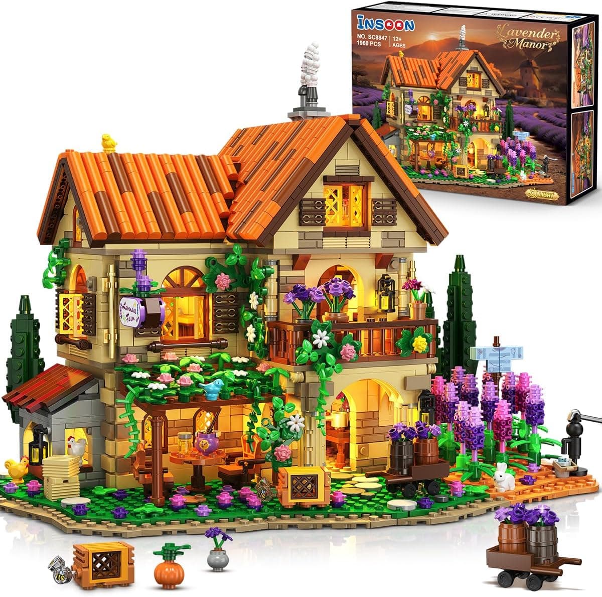 INSOON Lavender Manor House Building Set with Lights, 1960 PCS Lavender Estate Construction Model Home Decor, Romantic Lavender Flowers Cottage Building Block Kit Gift for Adults Teens Boys Girls 12+ : Toys &amp; Games — Spring Gift Ideas gift idea