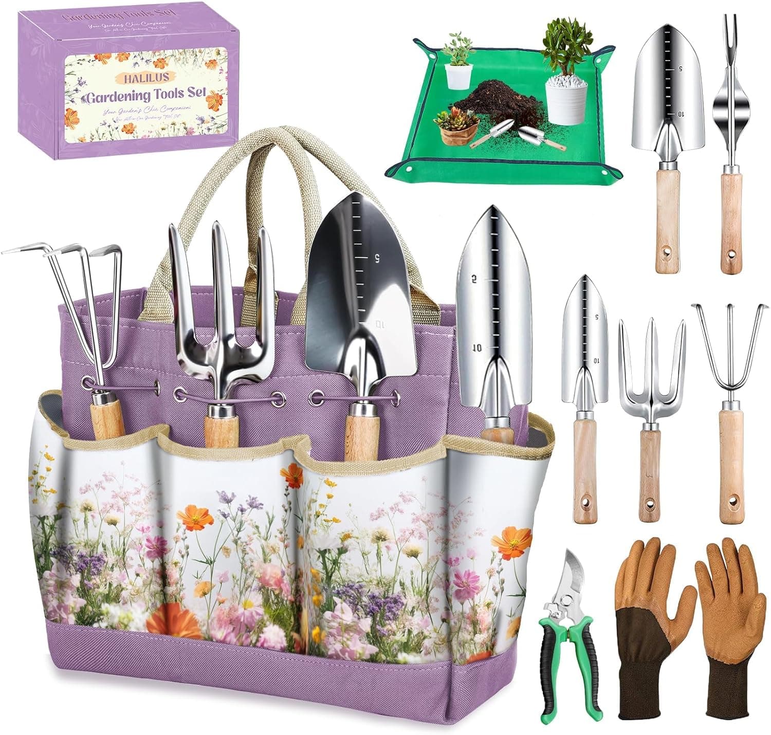 9-Piece Stainless Steel Garden Tools Set with Purple Floral Tote Bag — gift idea
