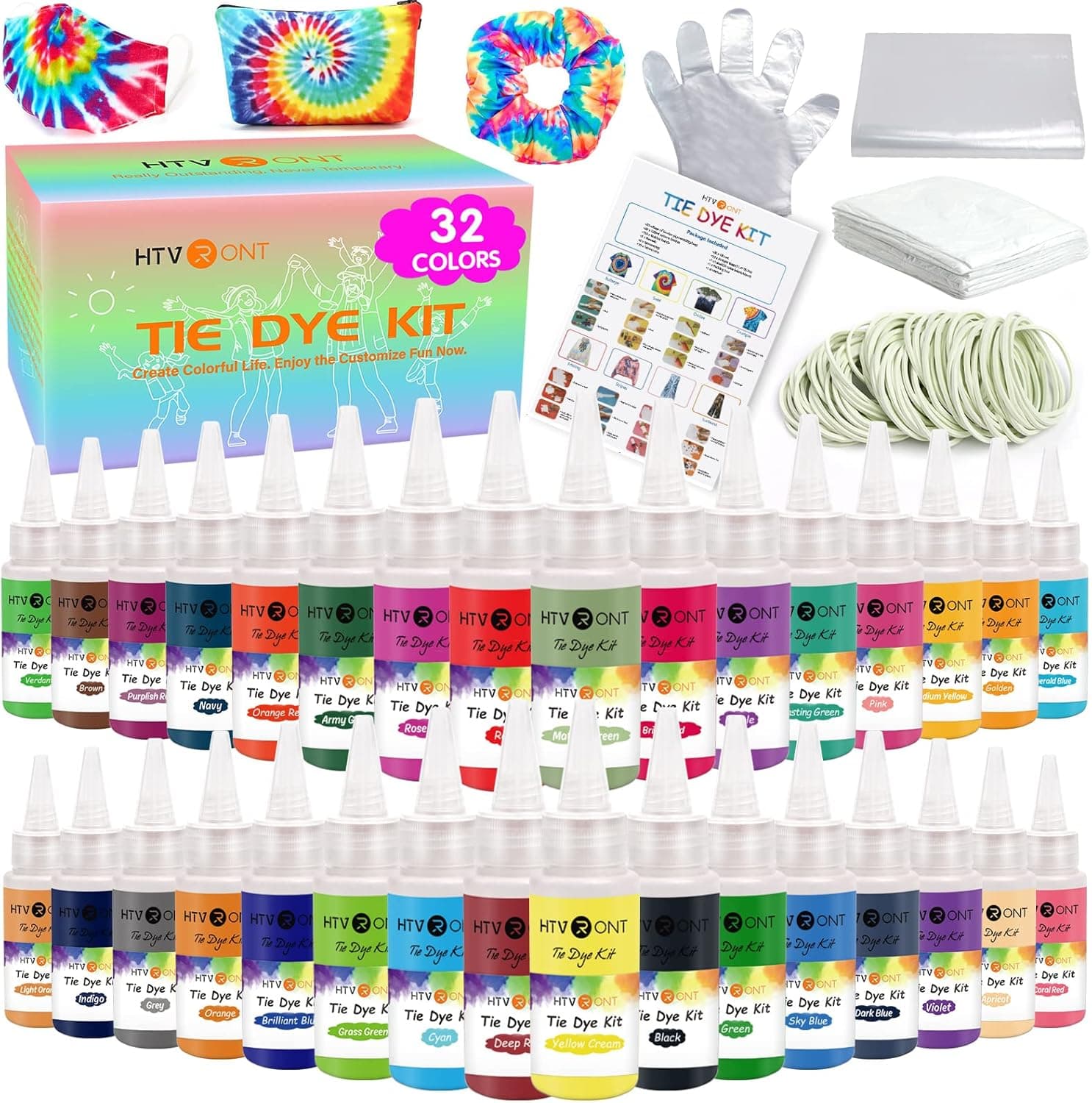HTVRONT Tie Dye Kit - 32 Vibrant Colors Pre-Filled Bottles Tyedyedye Kit, Permanent Non-Toxic for Large Groups Kids Adults,Tye Fabric Textile Handmade Party(Just Add Water) — Easter Gifts gift idea