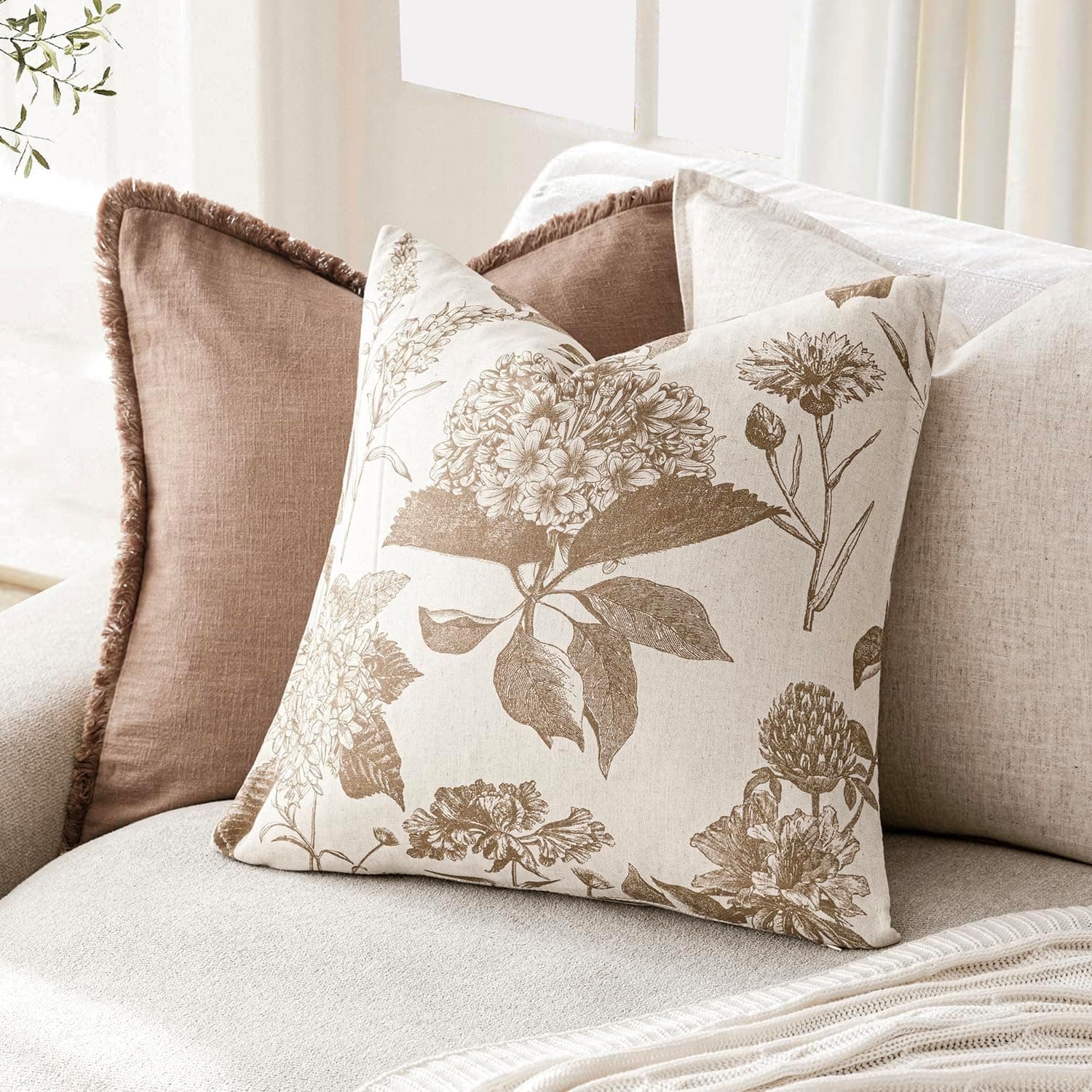 Foindtower Set of 2 Linen Floral Throw Pillow Covers Neutral Vintage Print Decorative Cushion Covers Farmhouse Boho Home Decor for Sofa Chair Couch Bedroom Living Room,22×22 Inch,Light Brown : Home &amp; Kitchen thumbnail 4