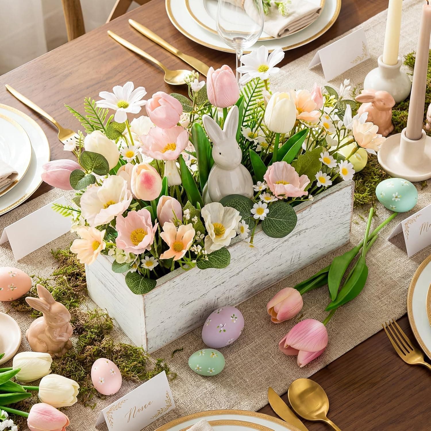 Pawliss Artificial Flowers Easter Decoration - White Ceramic Rabbit with Rustic Wooden Vase thumbnail 3