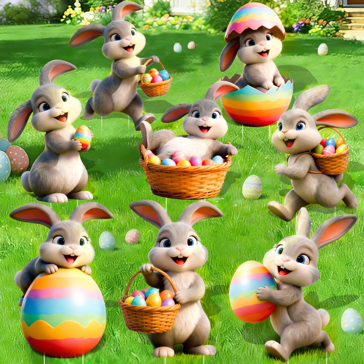 8 Pcs Easter Yard Signs with Stakes, Large Outdoor Easter Bunny Decorations in 8 Styles Featuring Cute Rabbits and Eggs, Sturdy and Waterproof Bunny Yard Lawn Garden Decor for Easter Party : Patio, Lawn &amp; Garden view 1