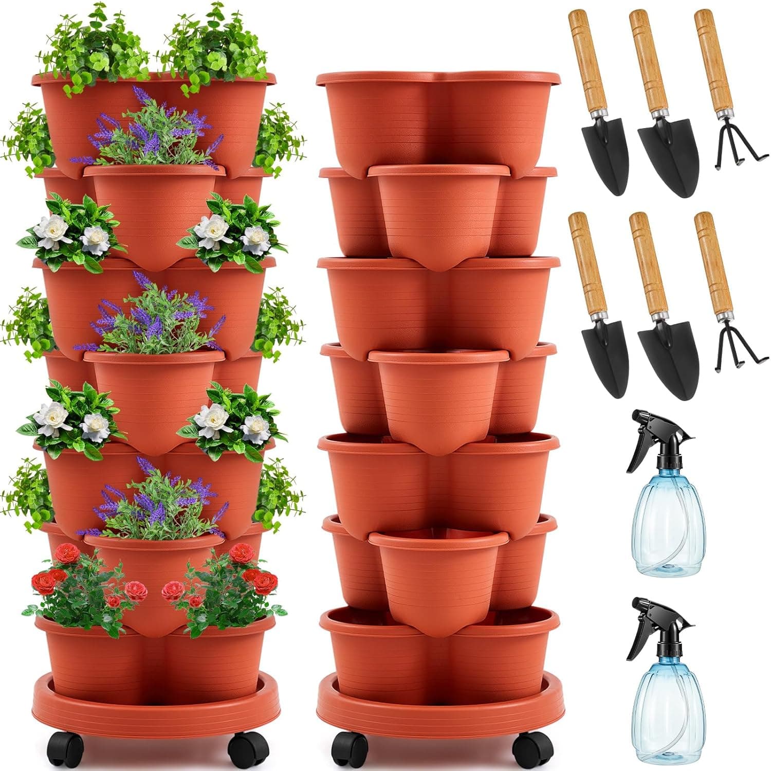 Umigy 2-Set Clay Red 7-Tier Stackable Vertical Planters with Removable Wheels view 1