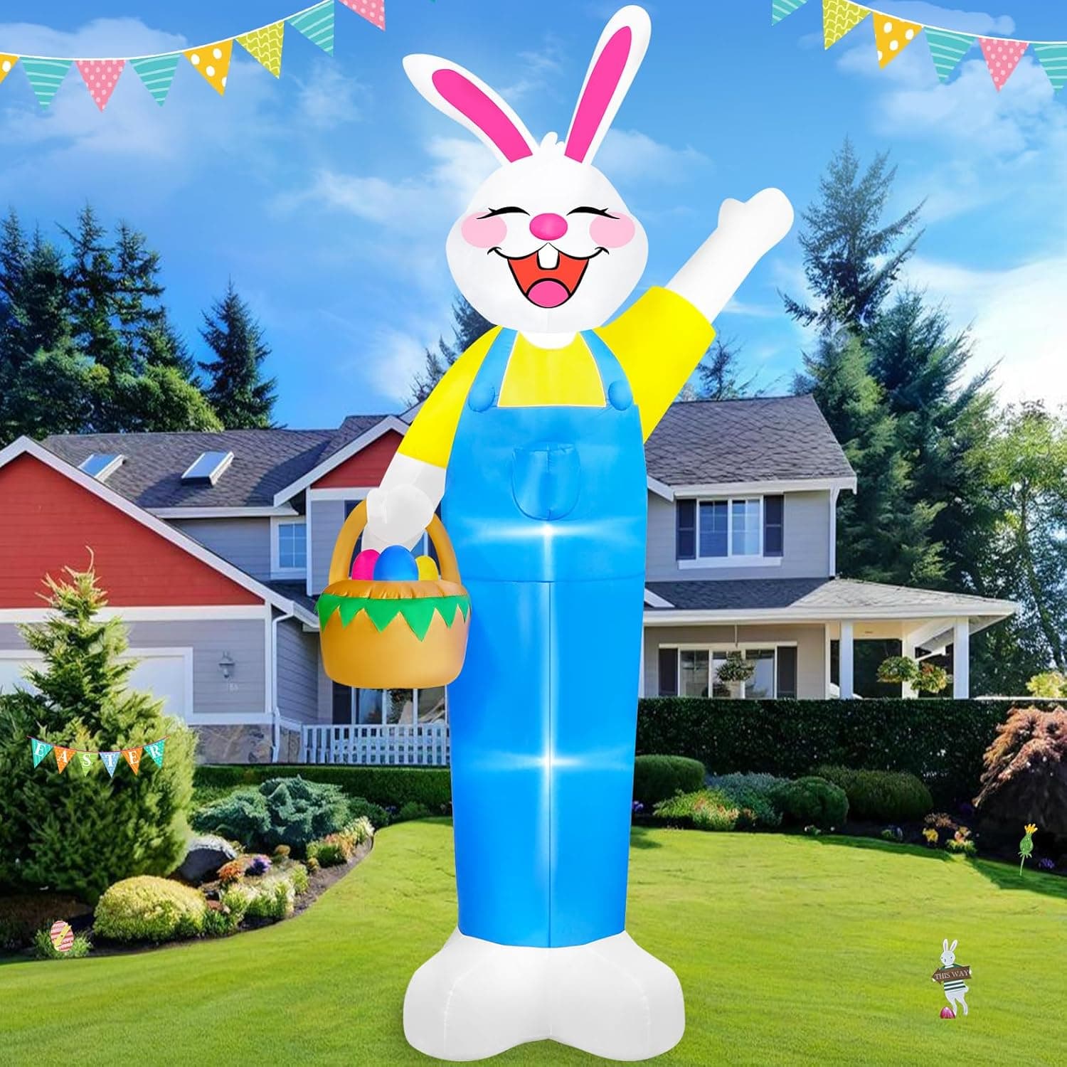 12Ft Giant Lighted Easter Bunny Inflatable with Egg Basket — Easter Gifts gift idea