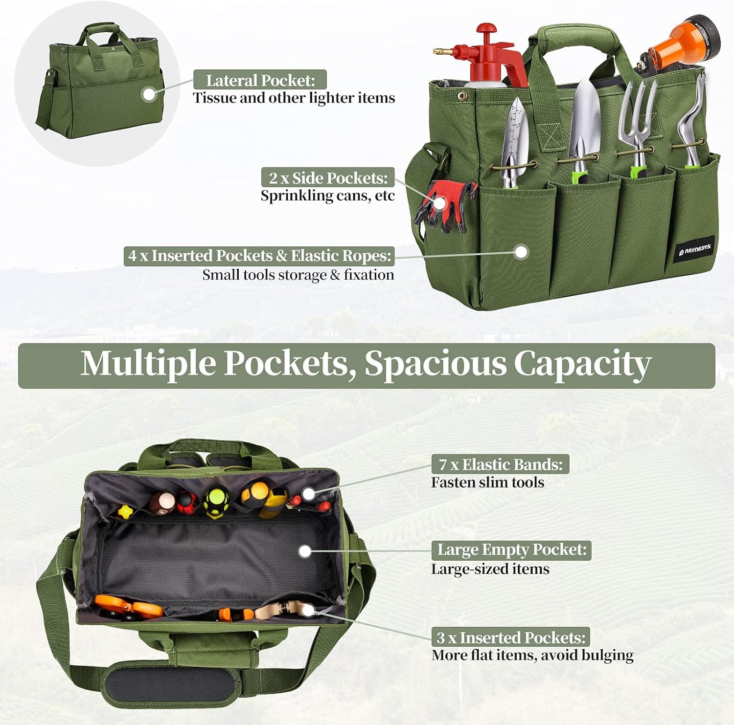 Raynesys Garden Tote Bag, Gardening Tool Bag Organizer with Pockets &amp; Handle, 900D Heavy Duty Garden Storage Bag with Long Adjustable Shoulder Strap for Tools, Green : Tools &amp; Home Improvement thumbnail 2