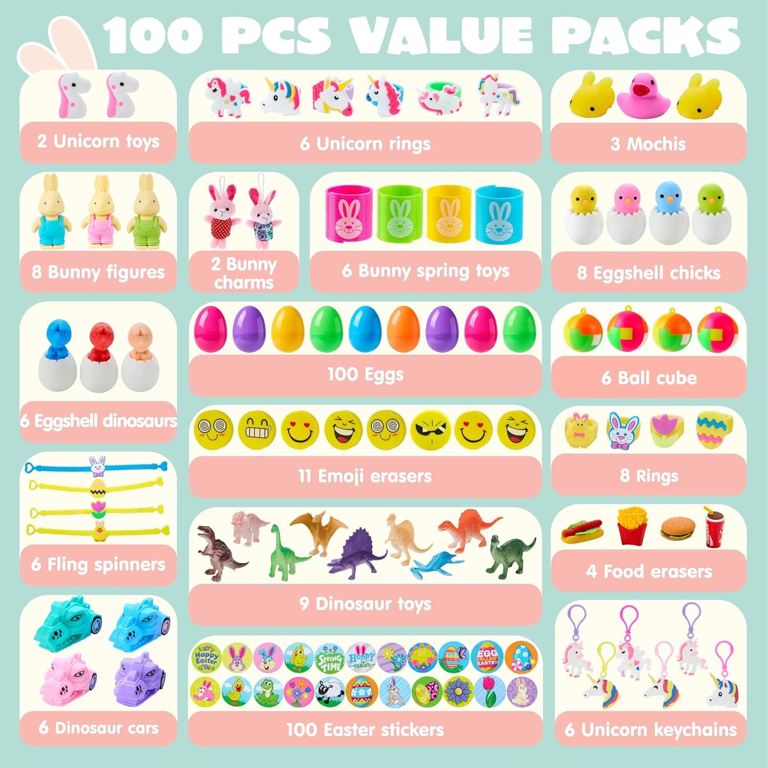 JOYIN 100 Pcs Prefilled Easter Eggs with Toys Plus Stickers, Filled with Toys Party Favors for Kids Boys Girls Easter Eggs Hunt, Basket Stuffers Fillers, Classroom Prize Supplies : Toys &amp; Games thumbnail 2