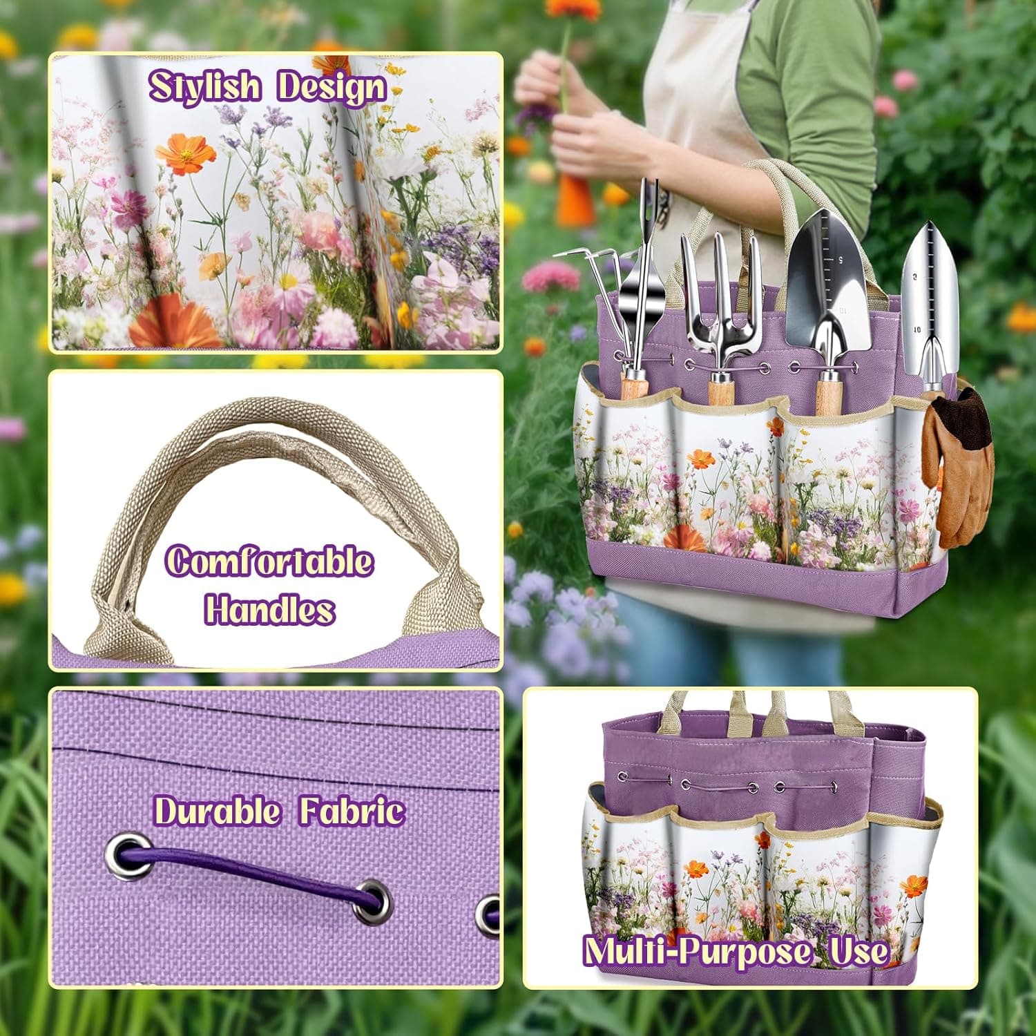 9-Piece Stainless Steel Garden Tools Set with Purple Floral Tote Bag thumbnail 3