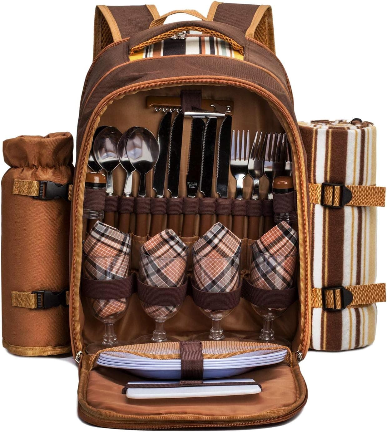 Apollo Walker Picnic Backpack Bag for 4 Person with Cooler Compartment,Wine Bag, Picnic Blanket(45"x53"),Best for Family and Lovers Gifts (Brown) : Patio, Lawn &amp; Garden — Spring Gift Ideas gift idea