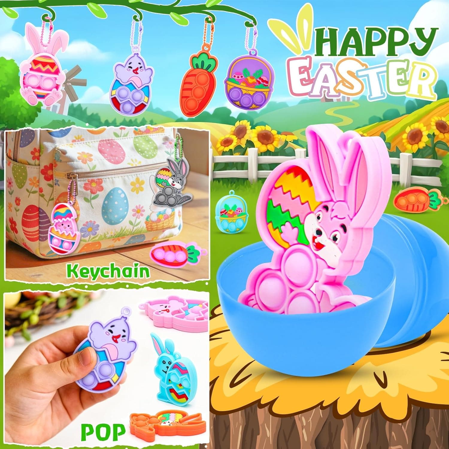 CHILDGO Easter Pop Fidget Toys - 24 Pack Filled Easter Eggs with Mini Keychains thumbnail 3