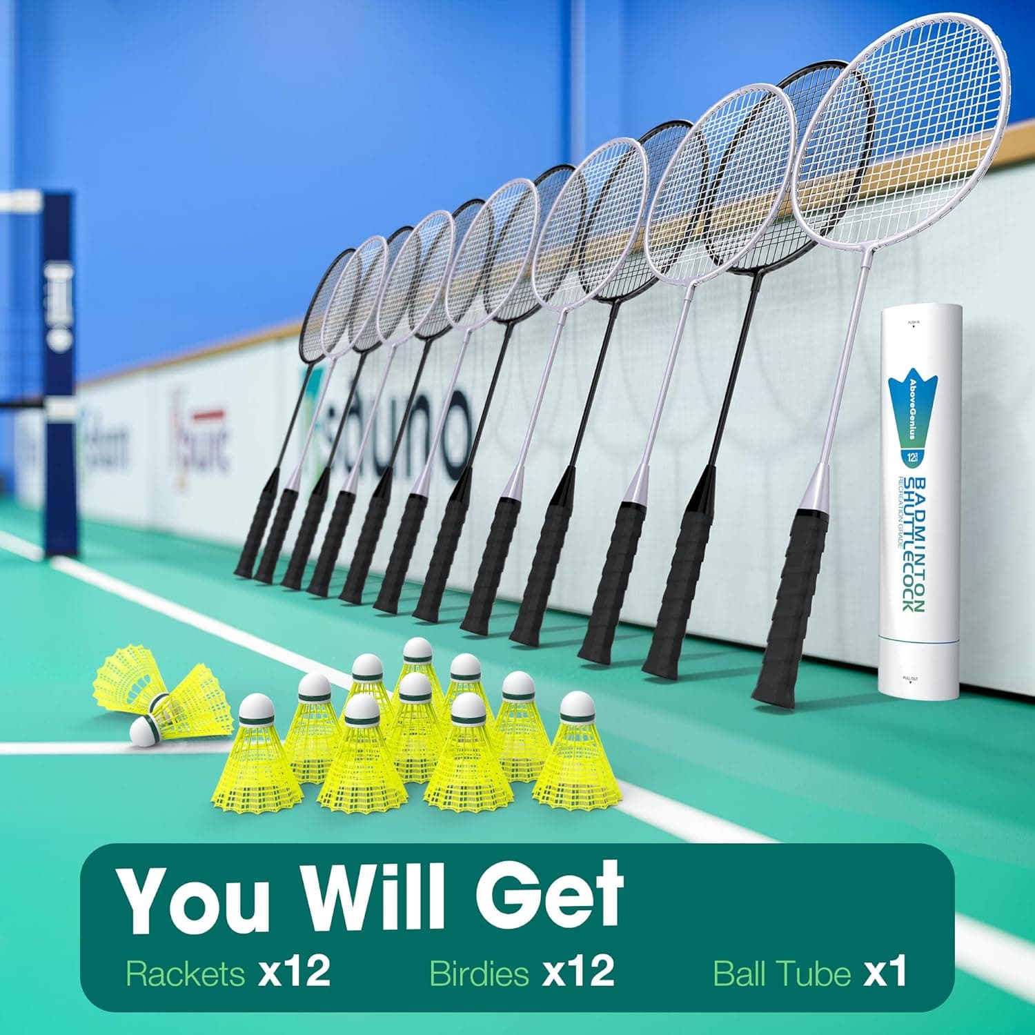 AboveGenius Badminton Rackets Set - 12 Rackets & 12 Birdies thumbnail 2