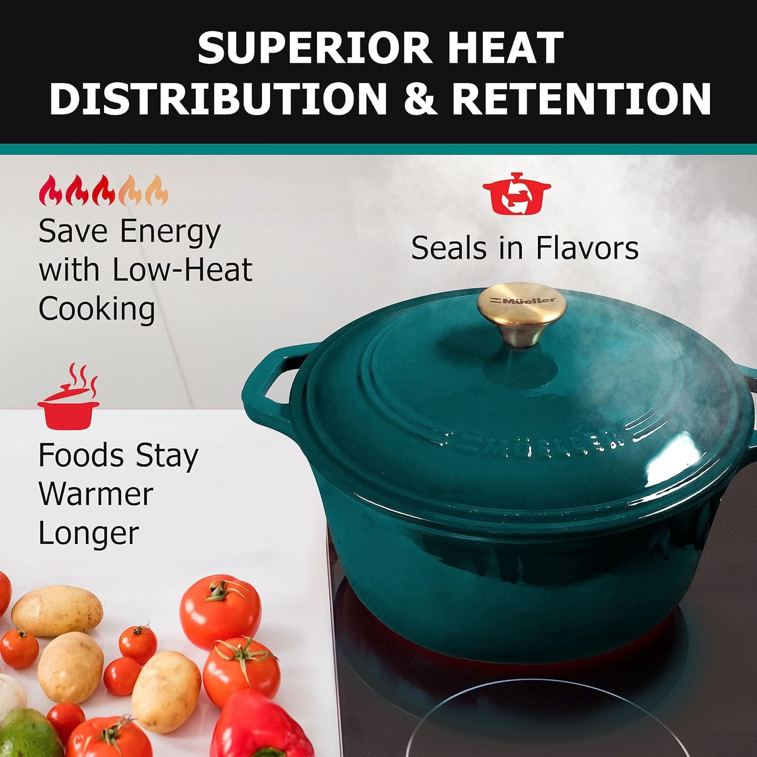 Mueller DuraCast 6 Quart Enameled Cast Iron Dutch Oven Pot, Emerald thumbnail 4