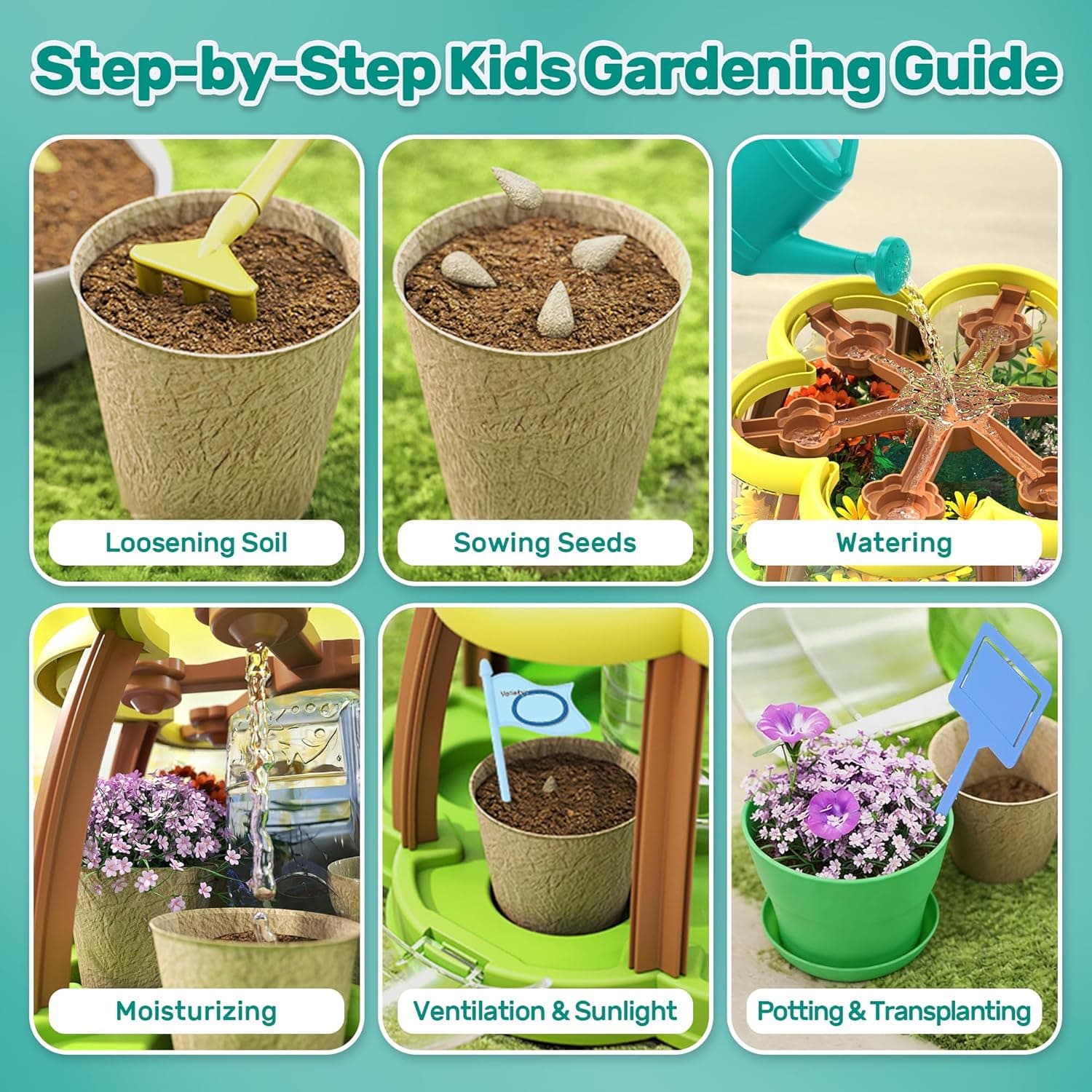 CUTE STONE Kids Gardening Set with Wheelbarrow and Grow House thumbnail 3